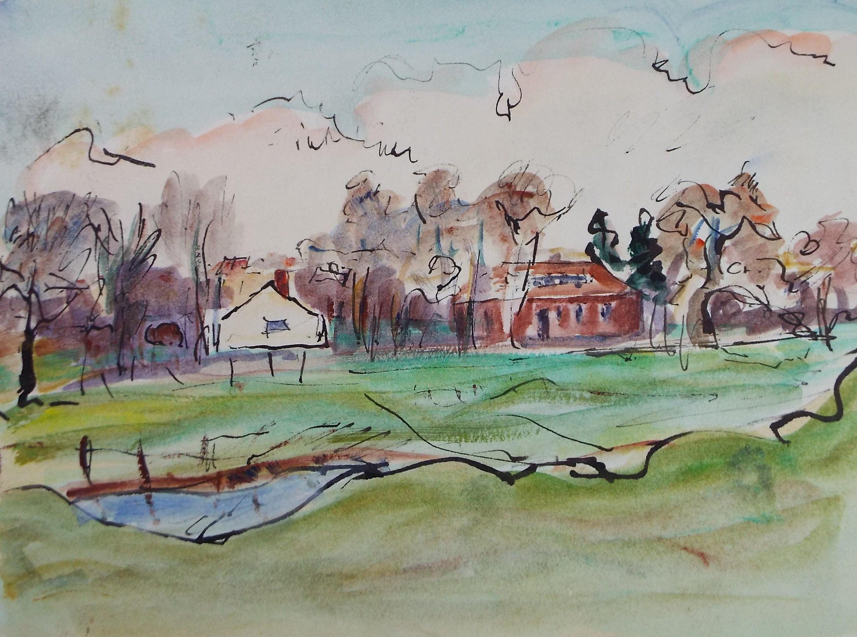 Original Watercolour & Ink, 'Farm Buildings in a Landscape, Circa 1970's , Geoffrey Burrows (1934-2023)