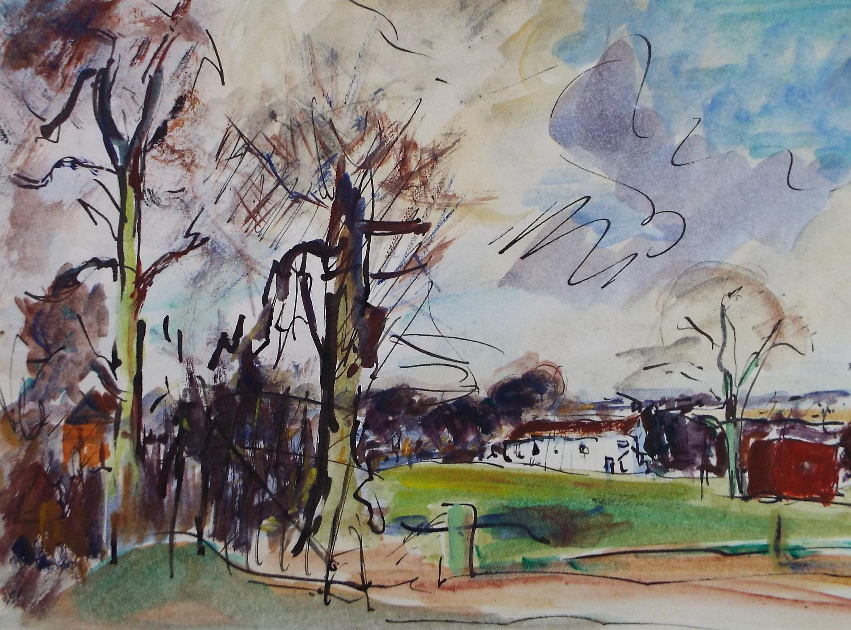 Original Watercolour & Ink, 'Farm Buildings in a Landscape, Circa 1970's , Geoffrey Burrows (1934-2023)