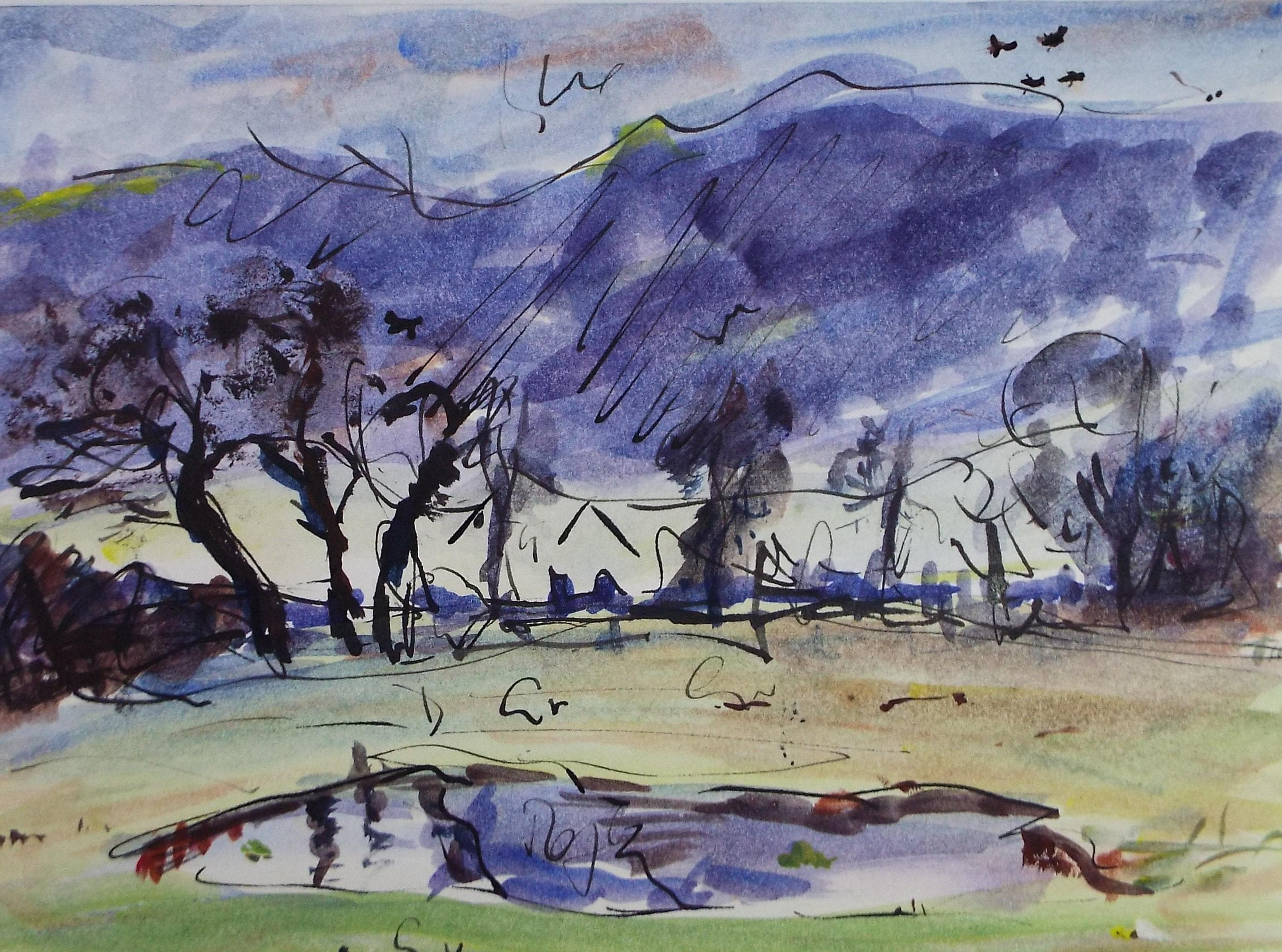 Original Watercolour & Ink, 'Pond in a Landscape, Circa 1970's , Geoffrey Burrows (1934-2023)
