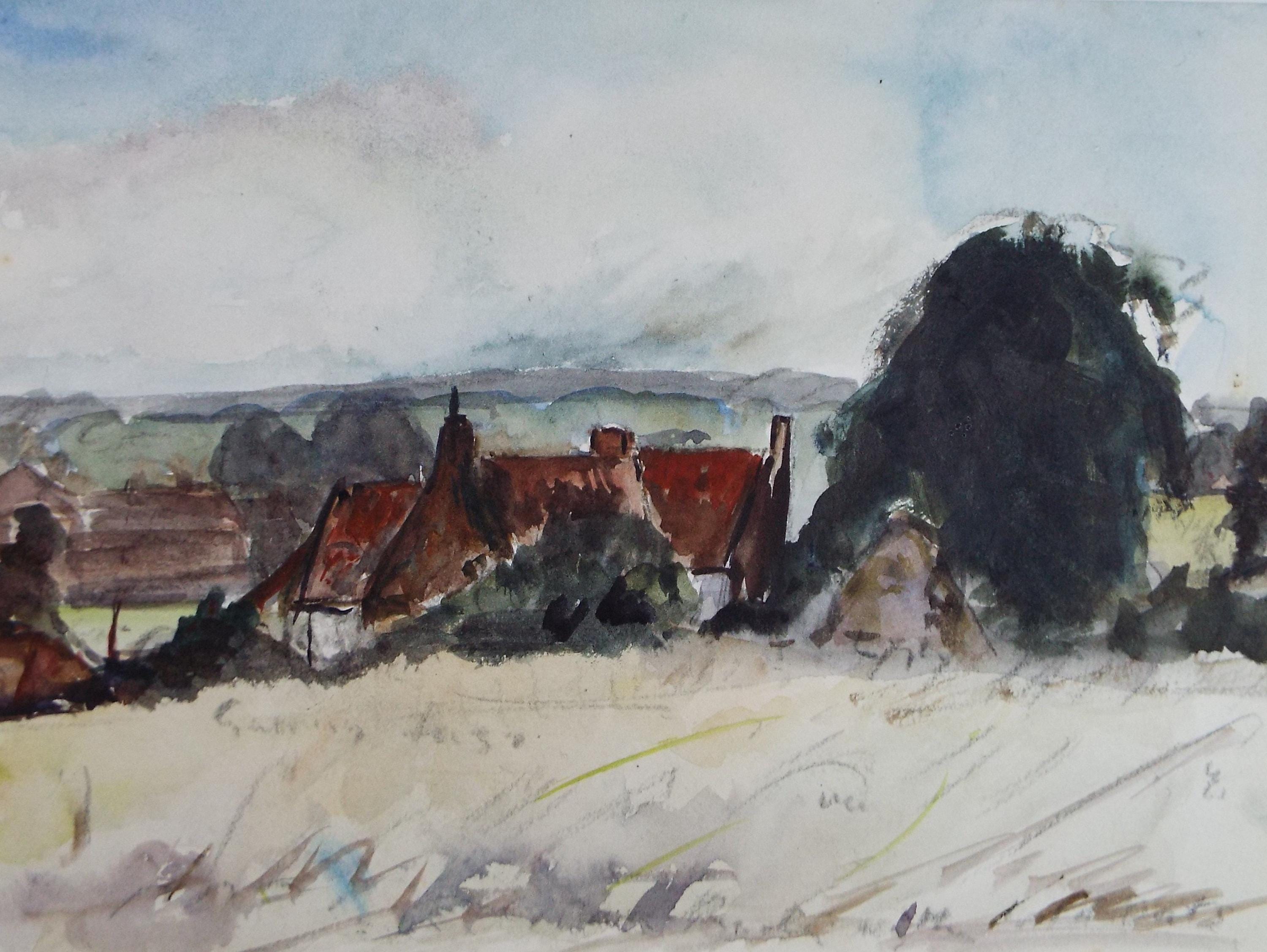 Original Watercolour & Ink, 'Farm Buildings in a Landscape, Circa 1970's , Geoffrey Burrows (1934-2023)