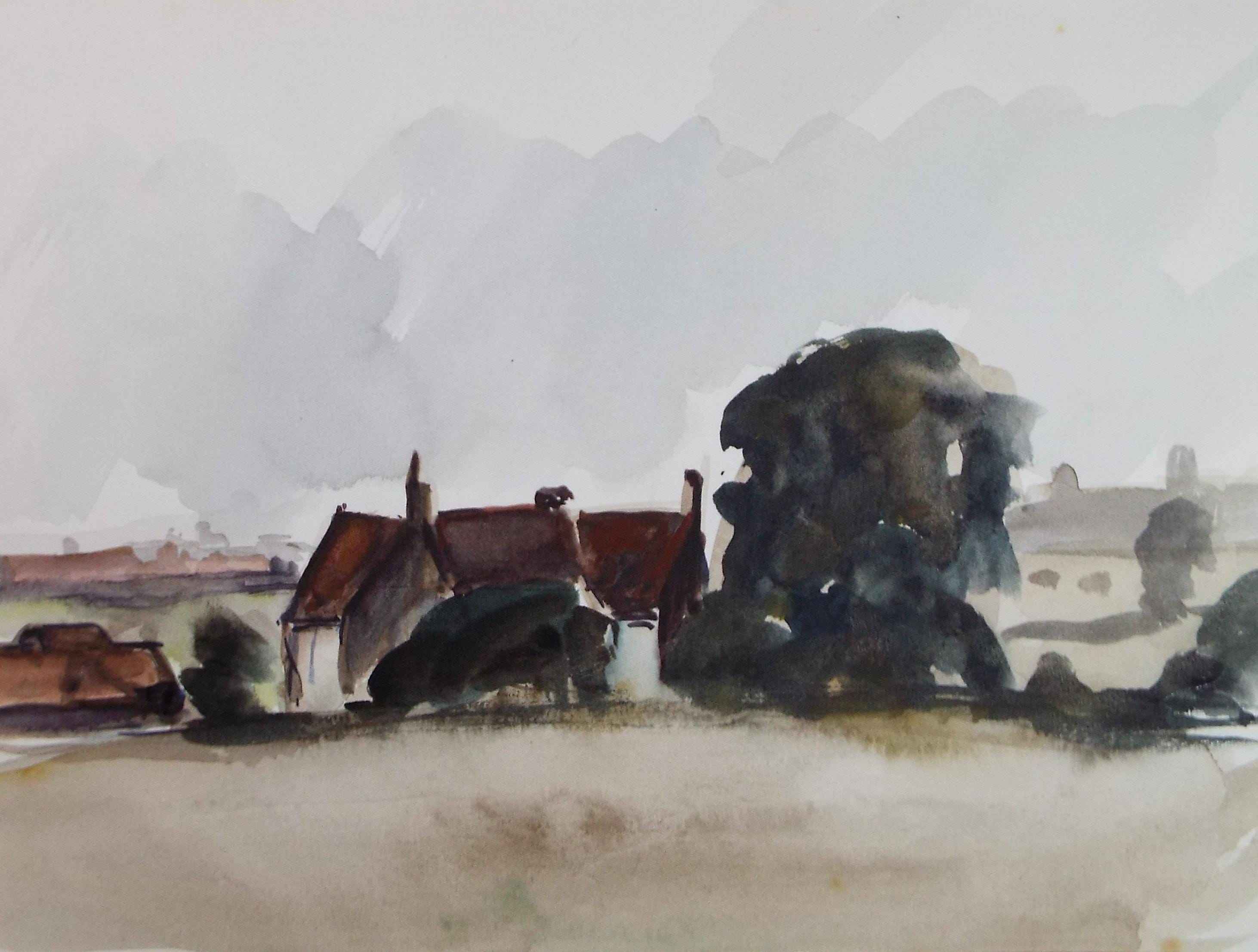 Original Watercolour & Ink, 'Farm Buildings in a Landscape, Circa 1970's , Geoffrey Burrows (1934-2023)