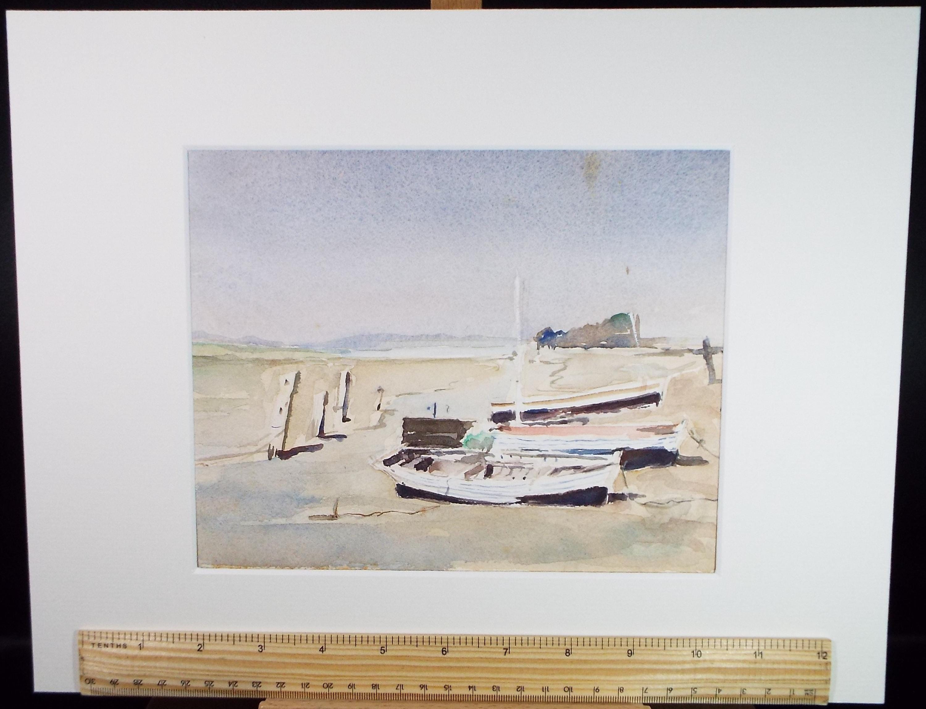 Original Watercolour, 'Boats on the Shore', Circa 1970's , Geoffrey Burrows (1934-2023)