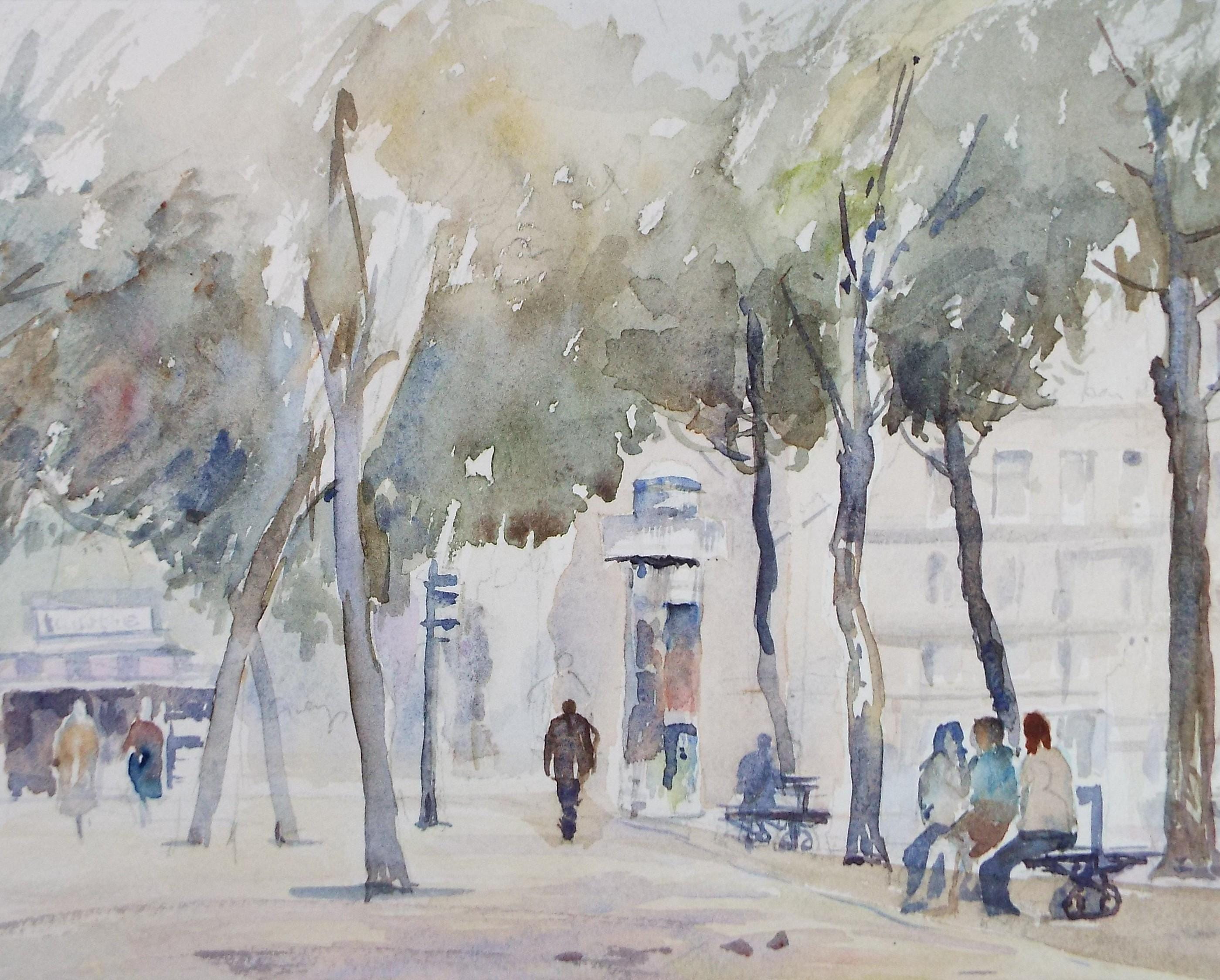 Original Watercolour, 'Figures in the Park', Circa 1970's , Geoffrey Burrows (1934-2023)