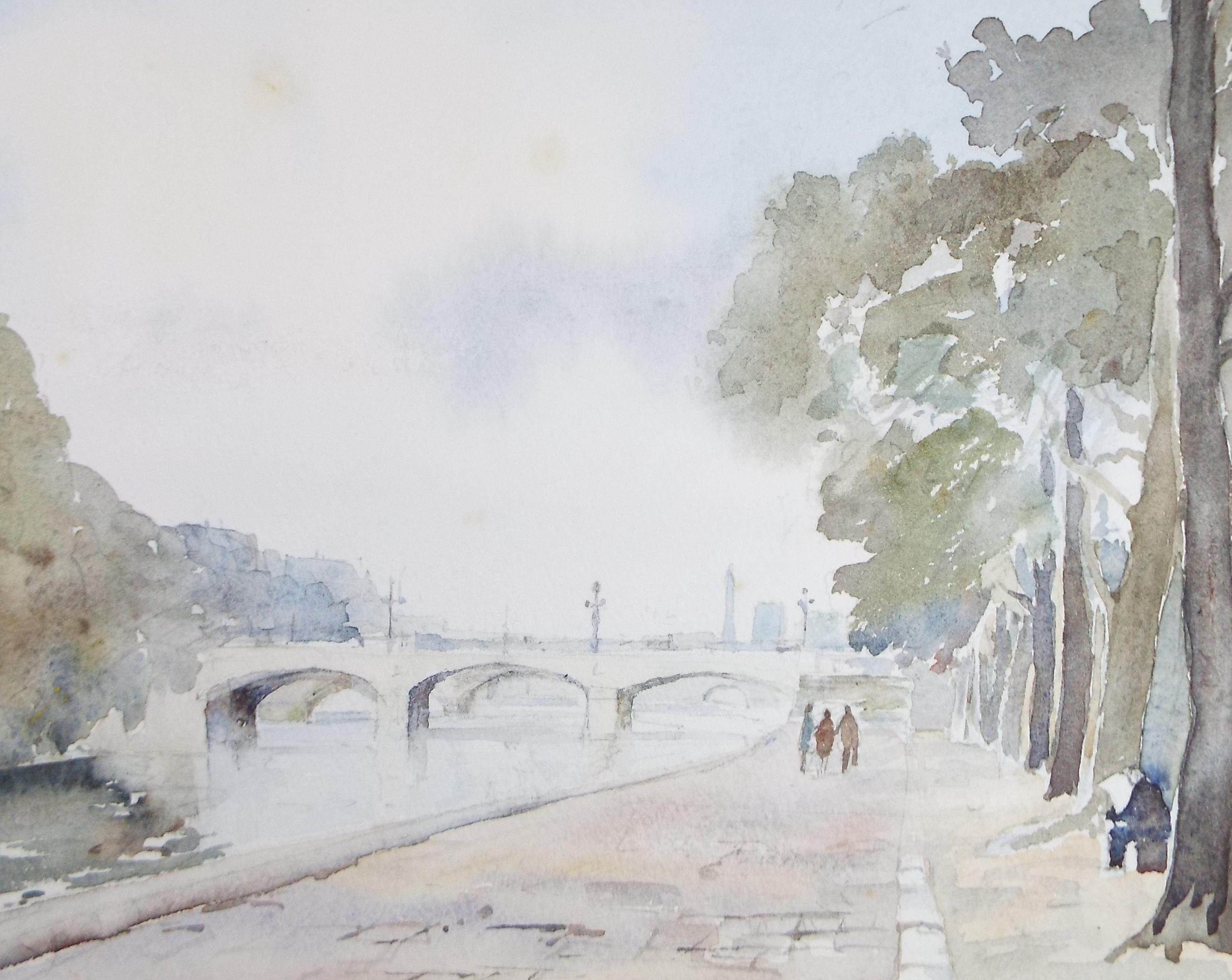 Original Watercolour, 'Figures beside the river, Circa 1970's , Geoffrey Burrows (1934-2023)