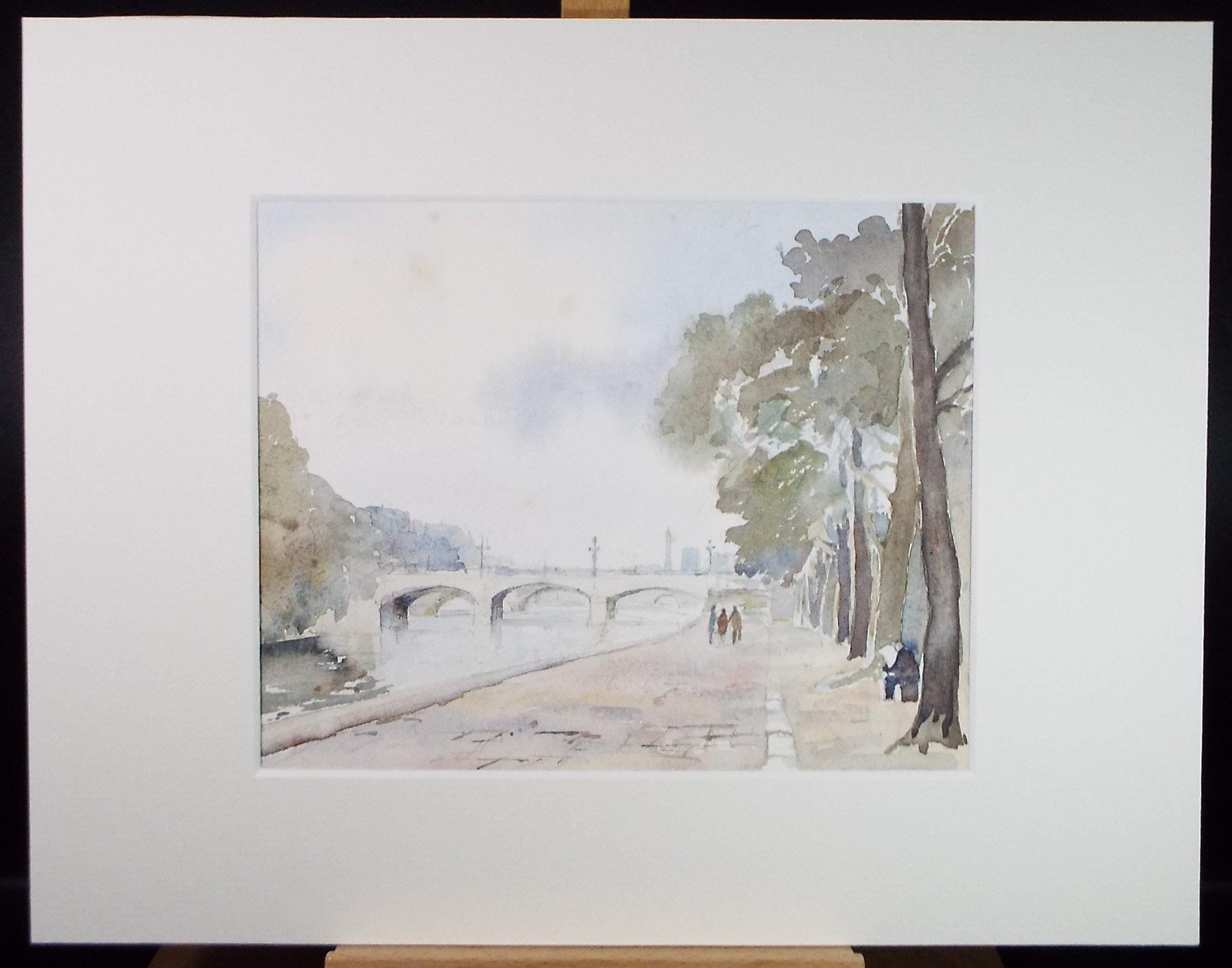 Original Watercolour, 'Figures beside the river, Circa 1970's , Geoffrey Burrows (1934-2023)
