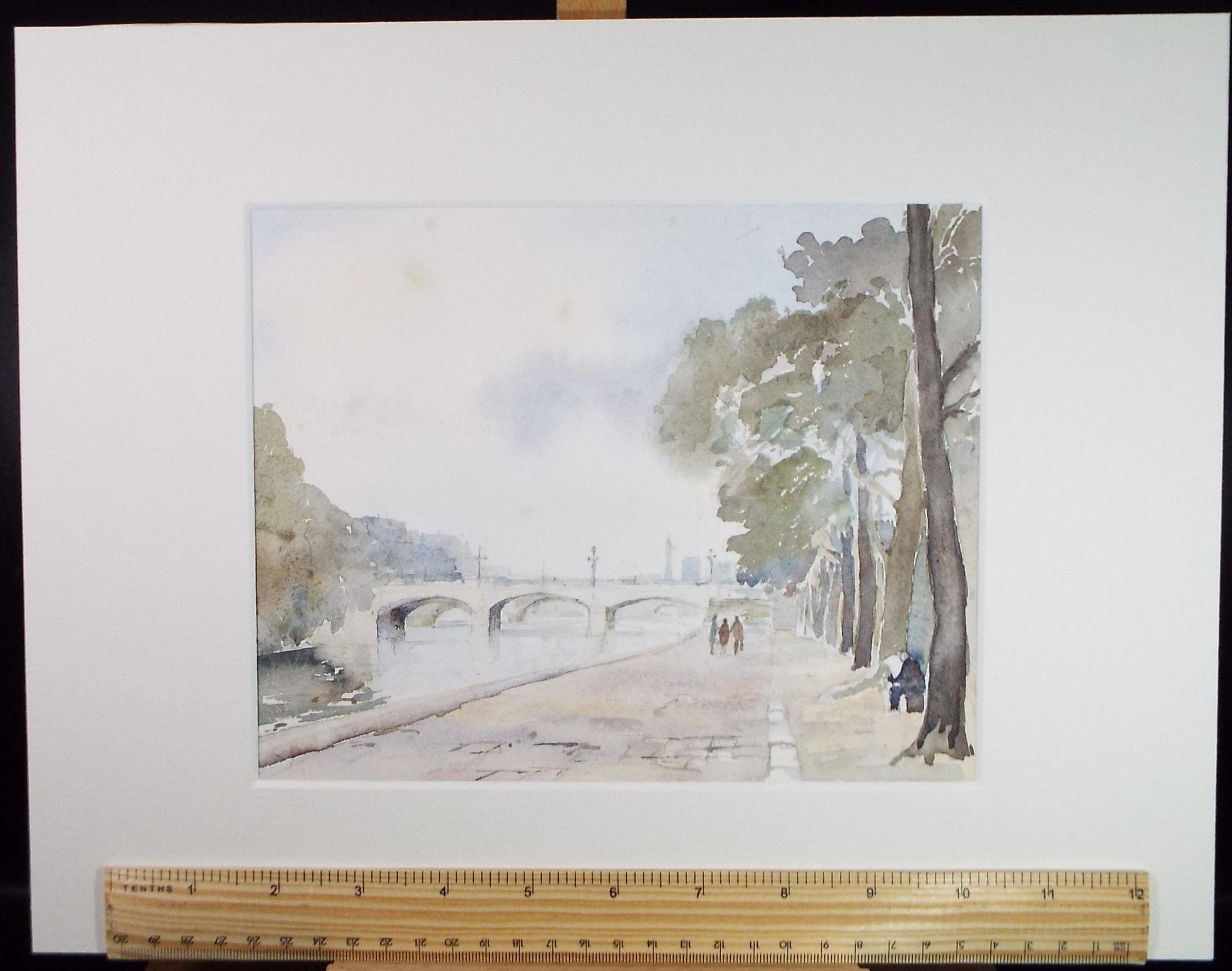 Original Watercolour, 'Figures beside the river, Circa 1970's , Geoffrey Burrows (1934-2023)