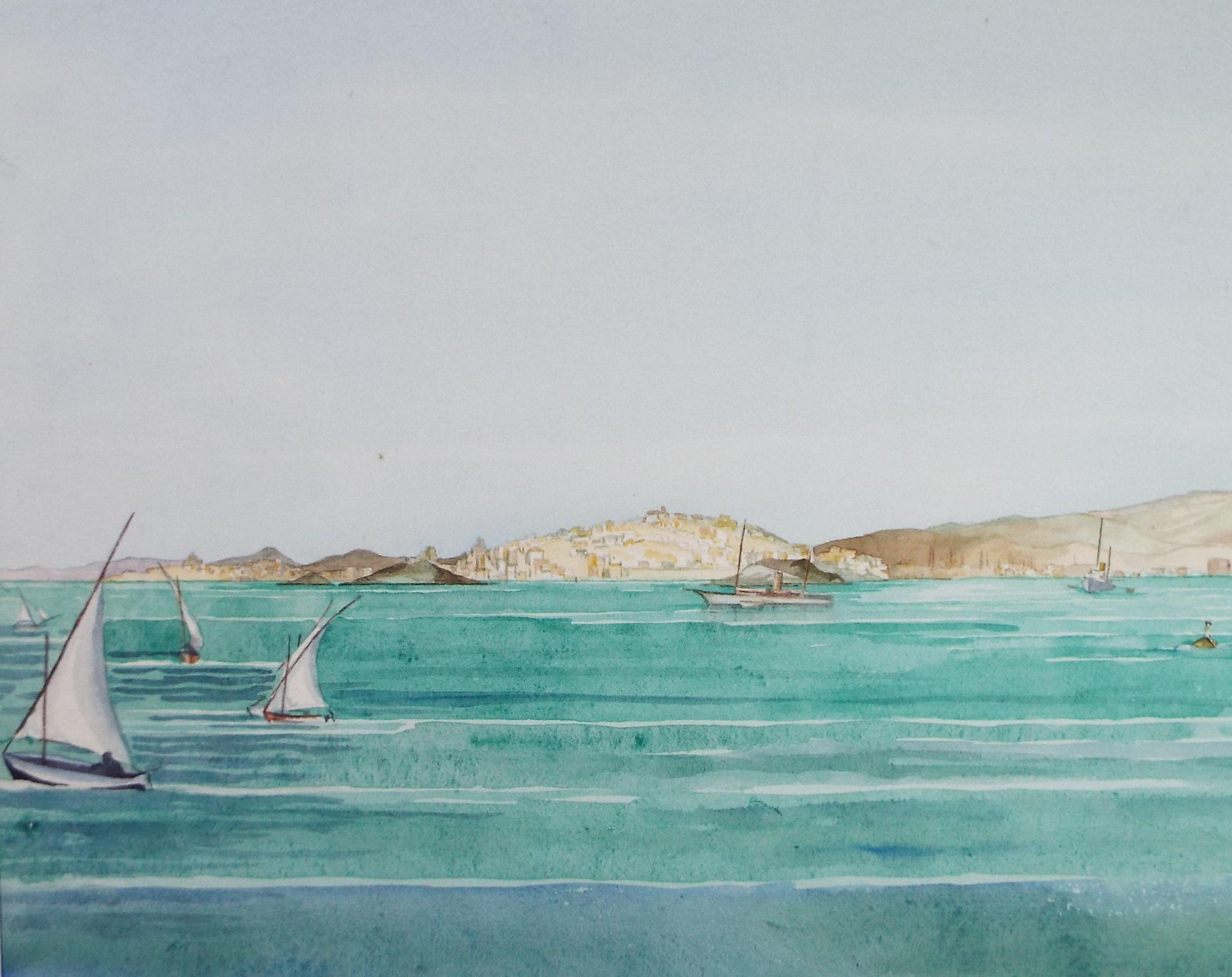 Original Watercolour, 'Phalerum Bay, Athens', Circa 1950's, Ivy T. Attwell (1895-1985)