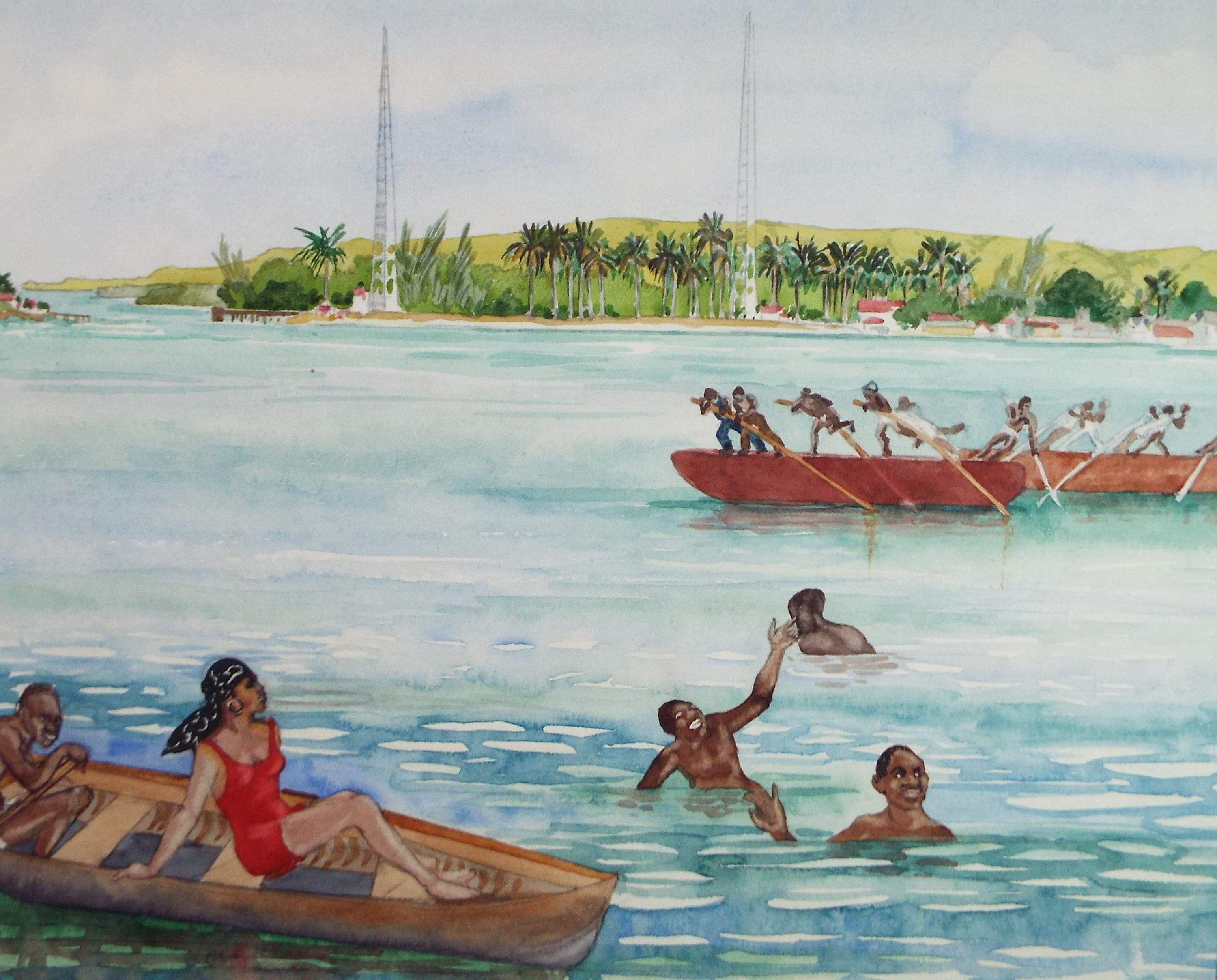 Original Watercolour, 'African coast with figures', Circa 1950's, Ivy T. Attwell (1895-1985)