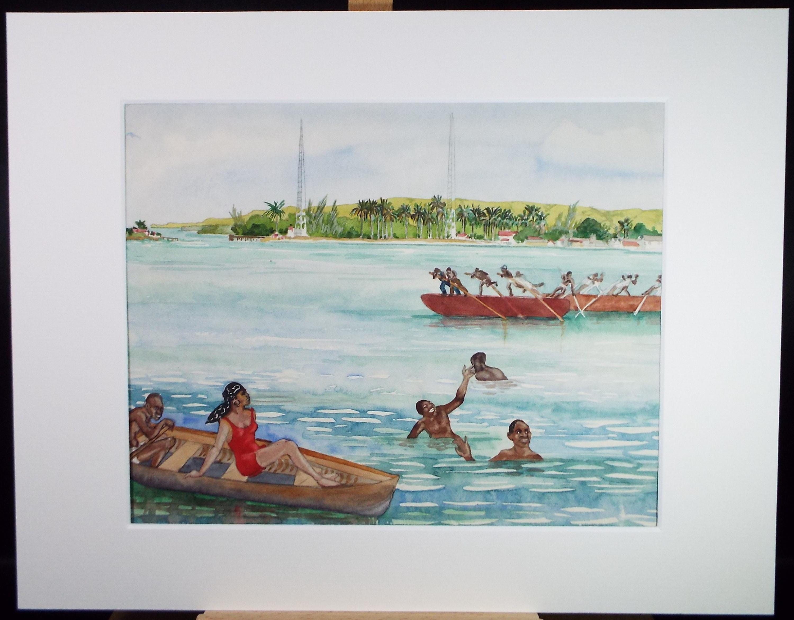 Original Watercolour, 'African coast with figures', Circa 1950's, Ivy T. Attwell (1895-1985)