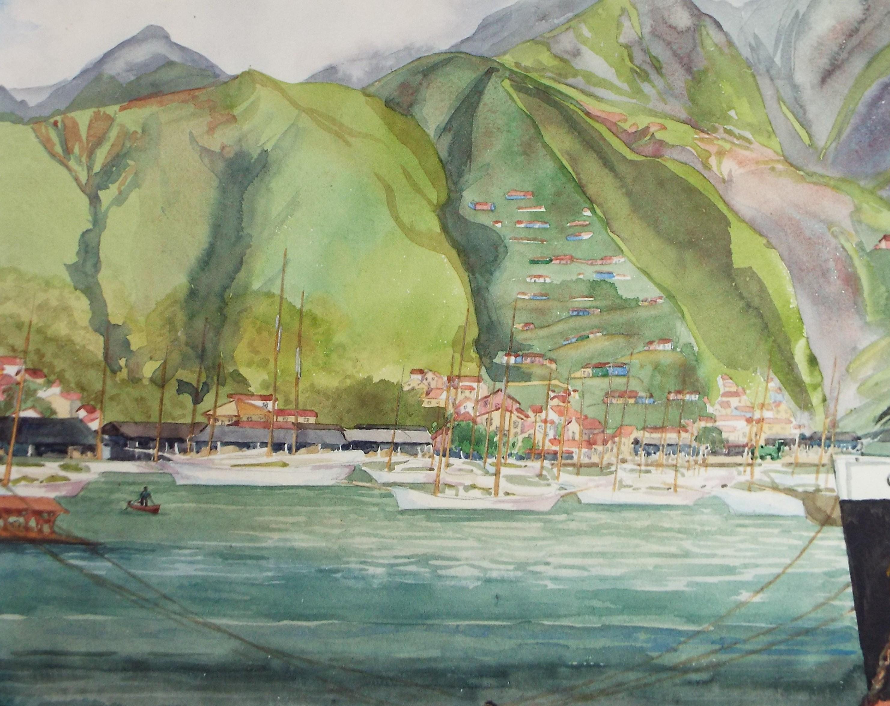 Original Watercolour, 'Harbour scene', Circa 1950's, Ivy T. Attwell (1895-1985)