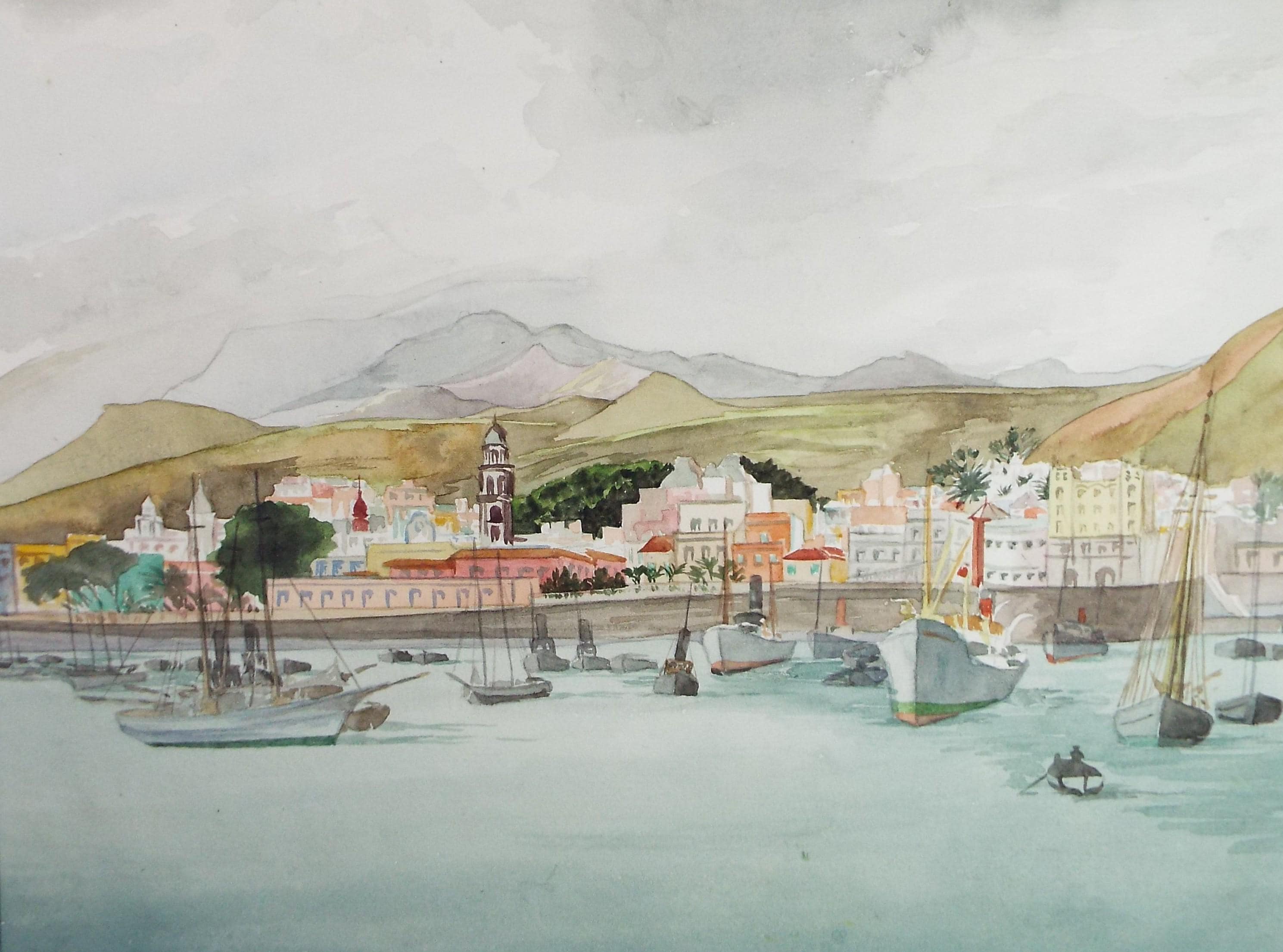 Original Watercolour, 'Santa Cruz de Tenerife', Circa 1950's, Ivy T. Attwell (1895-1985)