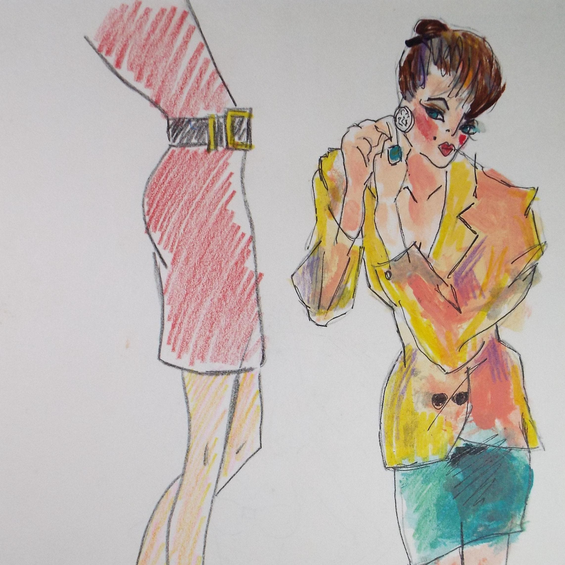 Original Watercolour and pencil, 'Power dressing', Circa 1980's, Unknown artist