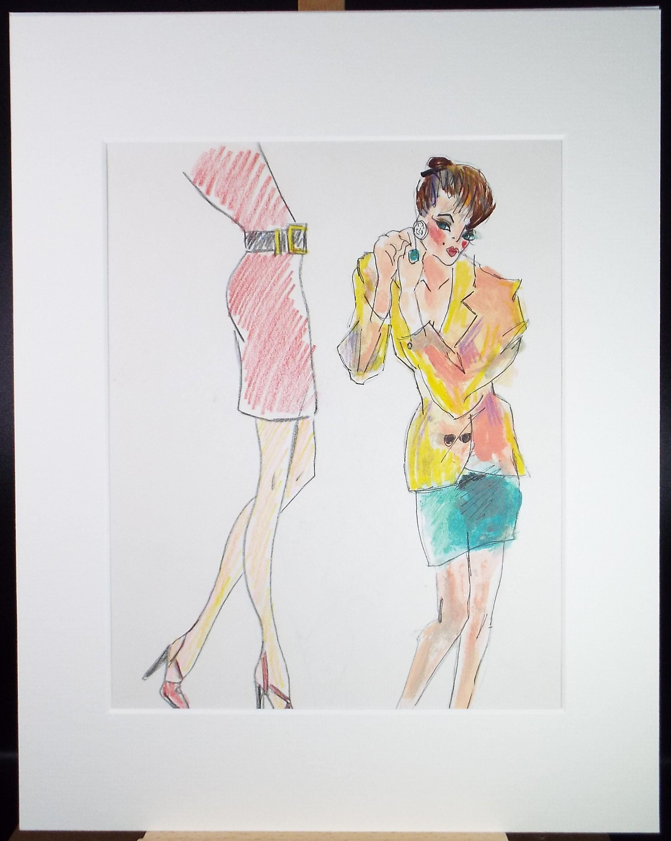 Original Watercolour and pencil, 'Power dressing', Circa 1980's, Unknown artist