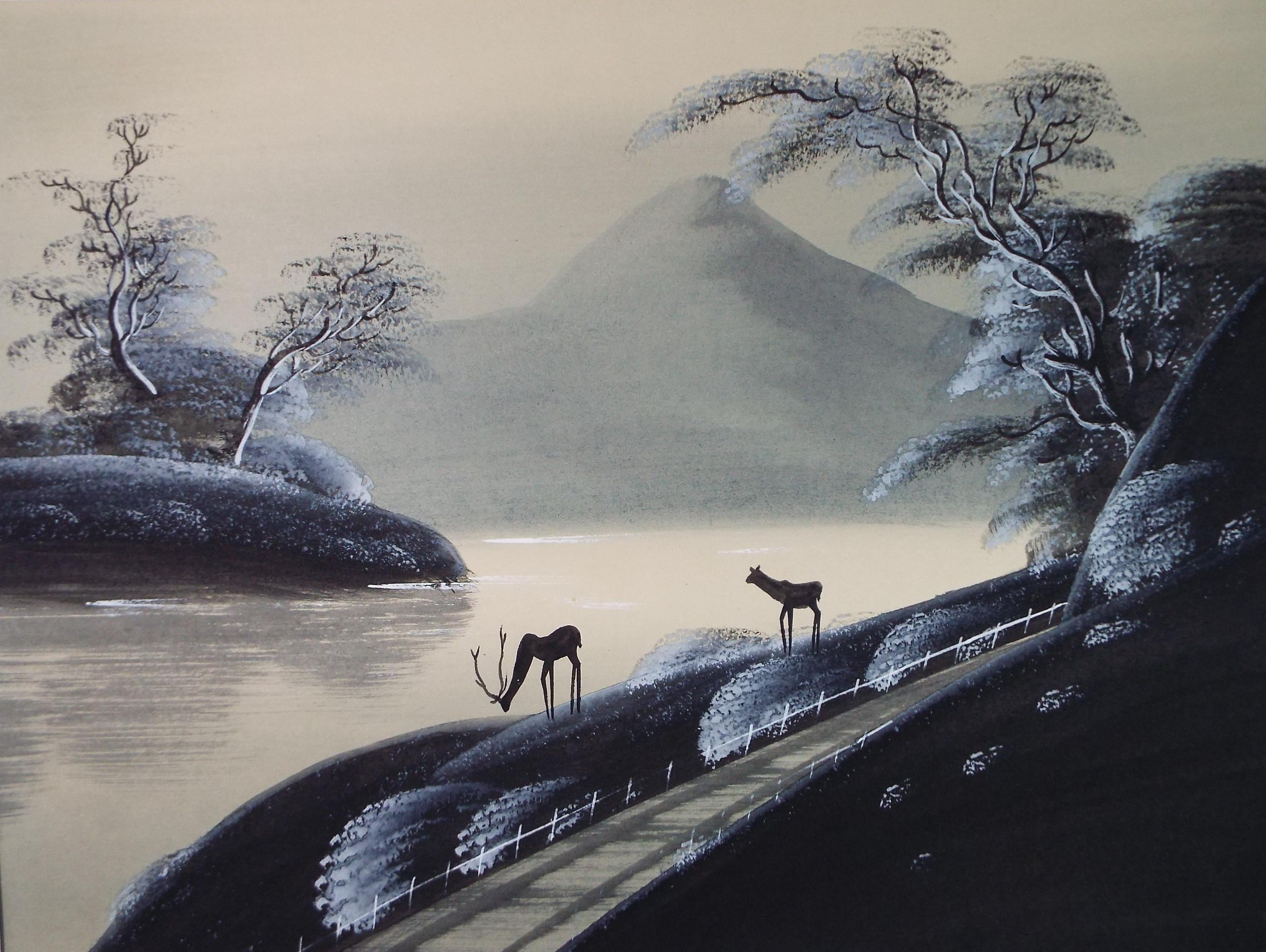 Original Gouache, 'Two deer on a lake edge', Circa 1930's, Artist Unknown