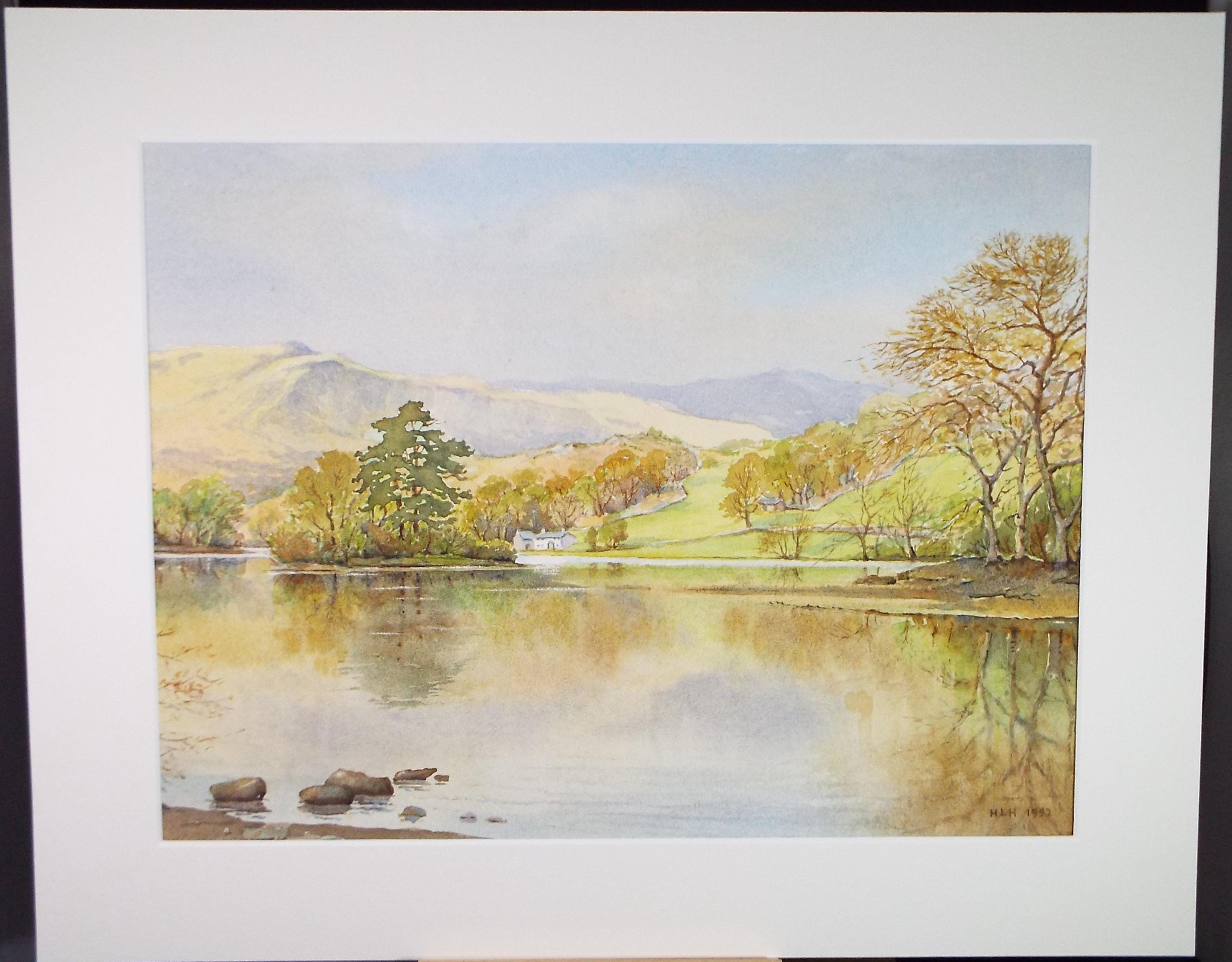 Original Watercolour, 'Farmhouse on a lake', Initialled HLH, Dated 1992