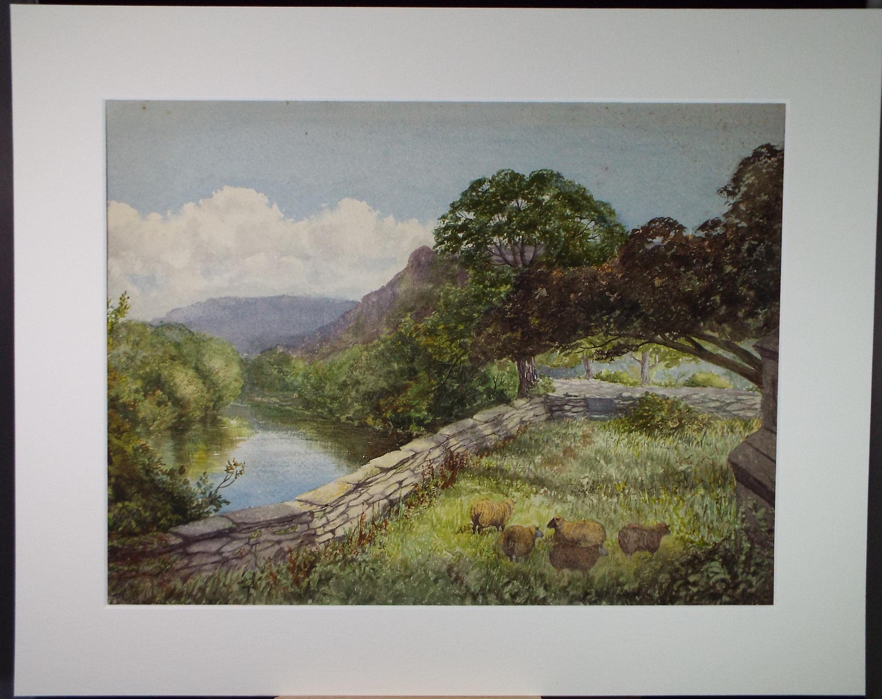 Original Watercolour, 'Sheep above a river', Early 20th Century Artist Unknown