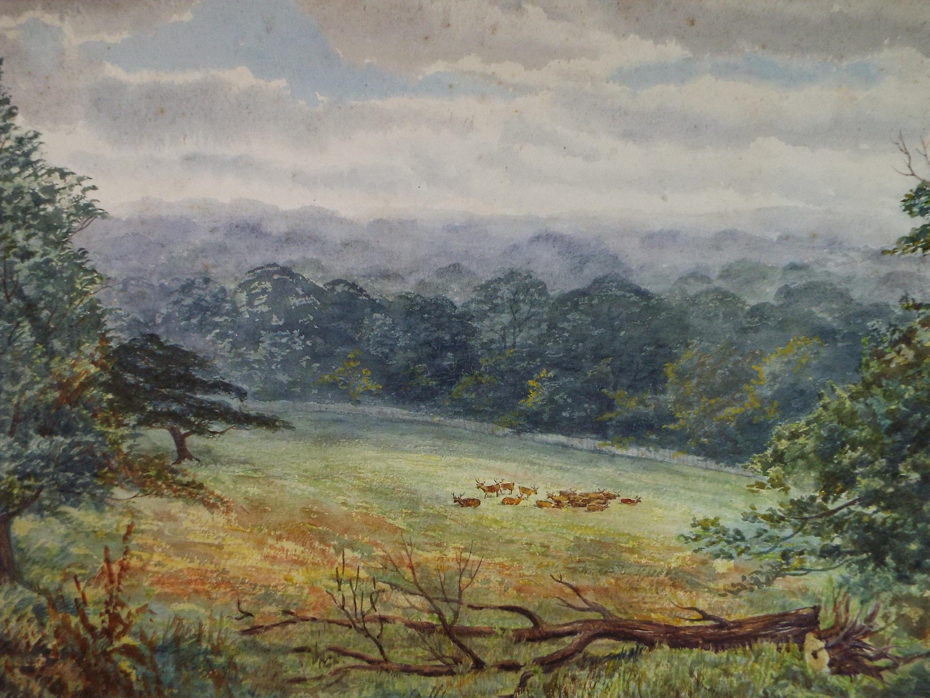 Original Watercolour, 'Deer in a Landscape', Early 20th Century, Artist Unknown
