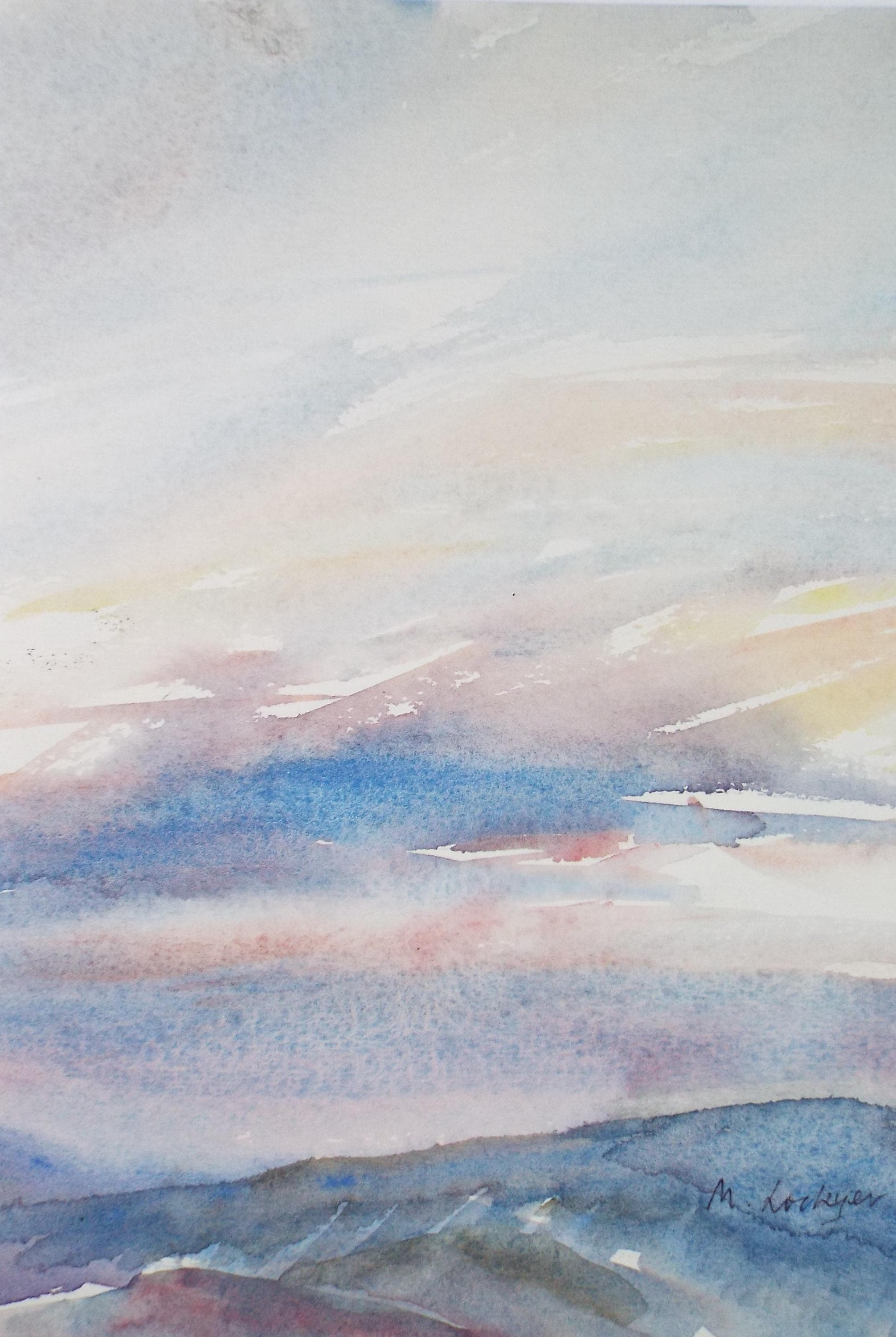 Original Watercolour on Paper, 'Sunrise over a Landscape', circa 1970's, Mildred Lockyer