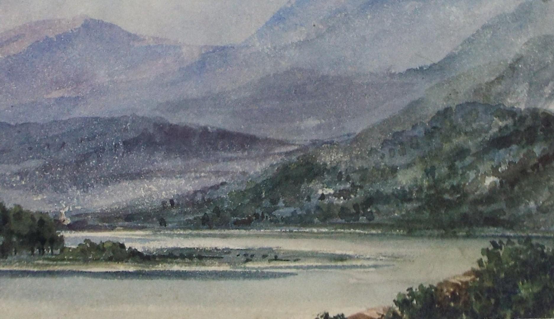 Original Watercolour, 'River landscape with distant hills', Late 19th Century