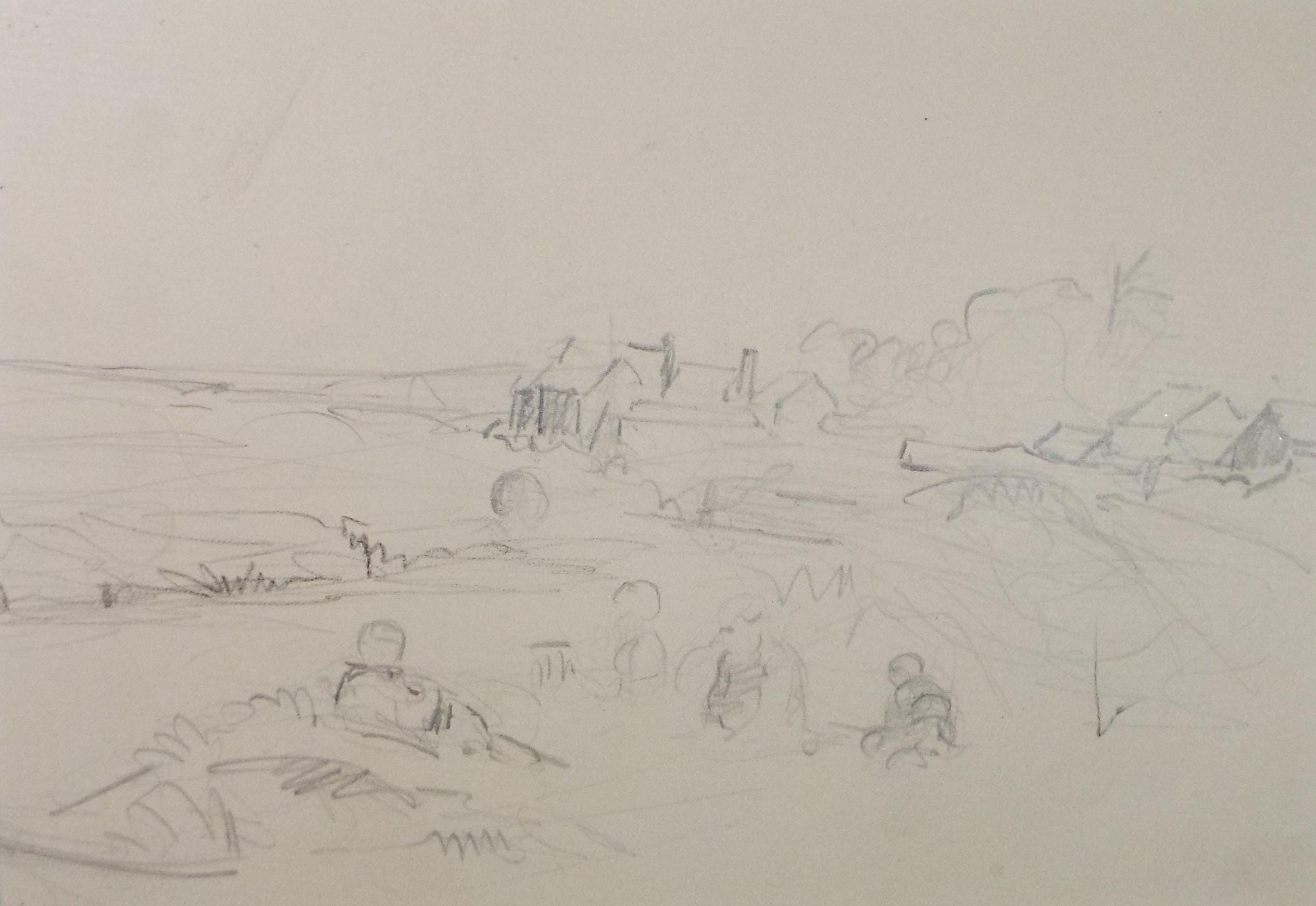 Original Pencil drawing 'Figures on the beach', Mid 20th Century, Hilda Burford (1887-1957)
