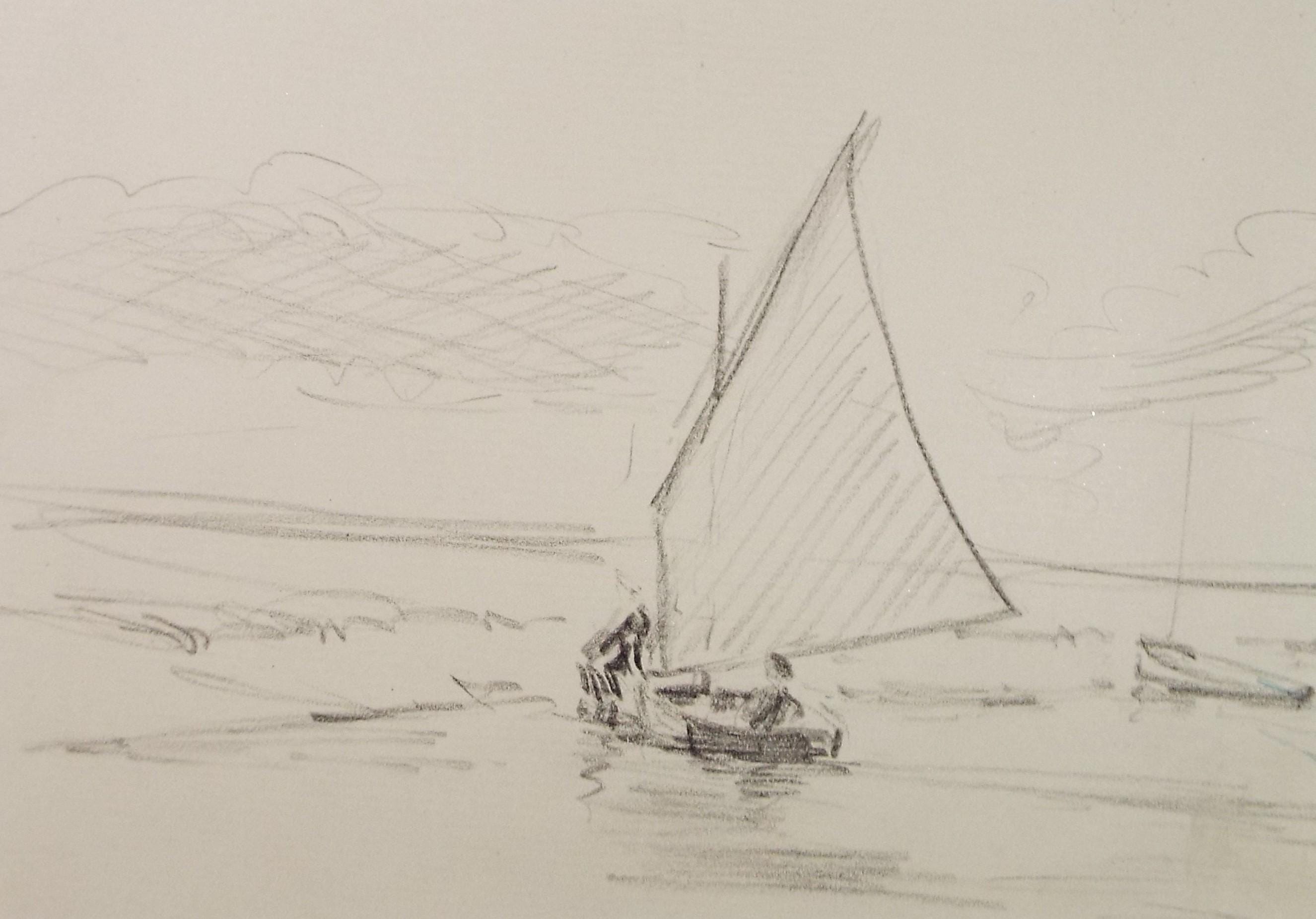 Original Pencil Sketch,'Study of a Sail Boat', Hilda Burford (1887-1957)