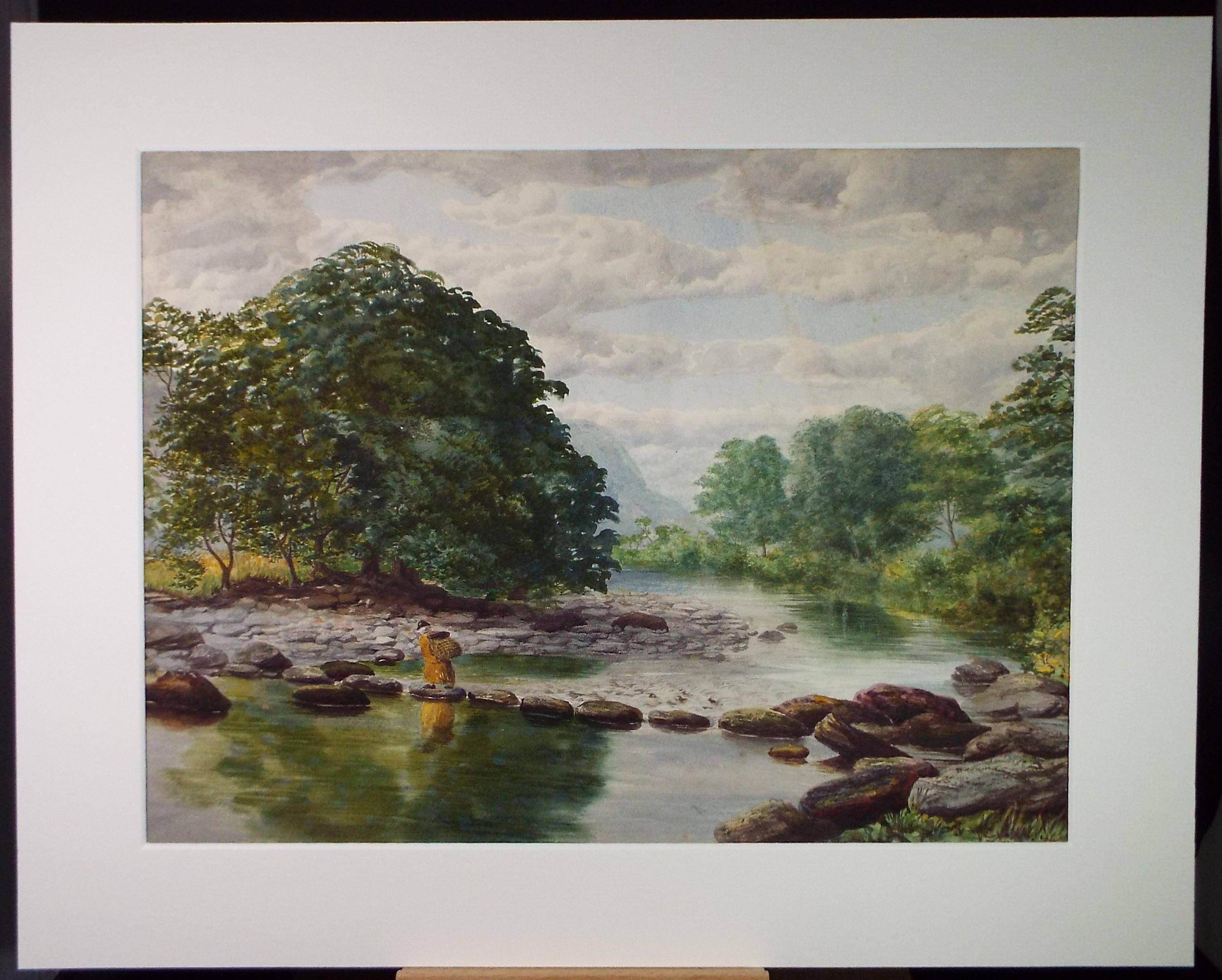 Original Watercolour, 'Woman crossing a river', Late 19th Century, Unknown Artist