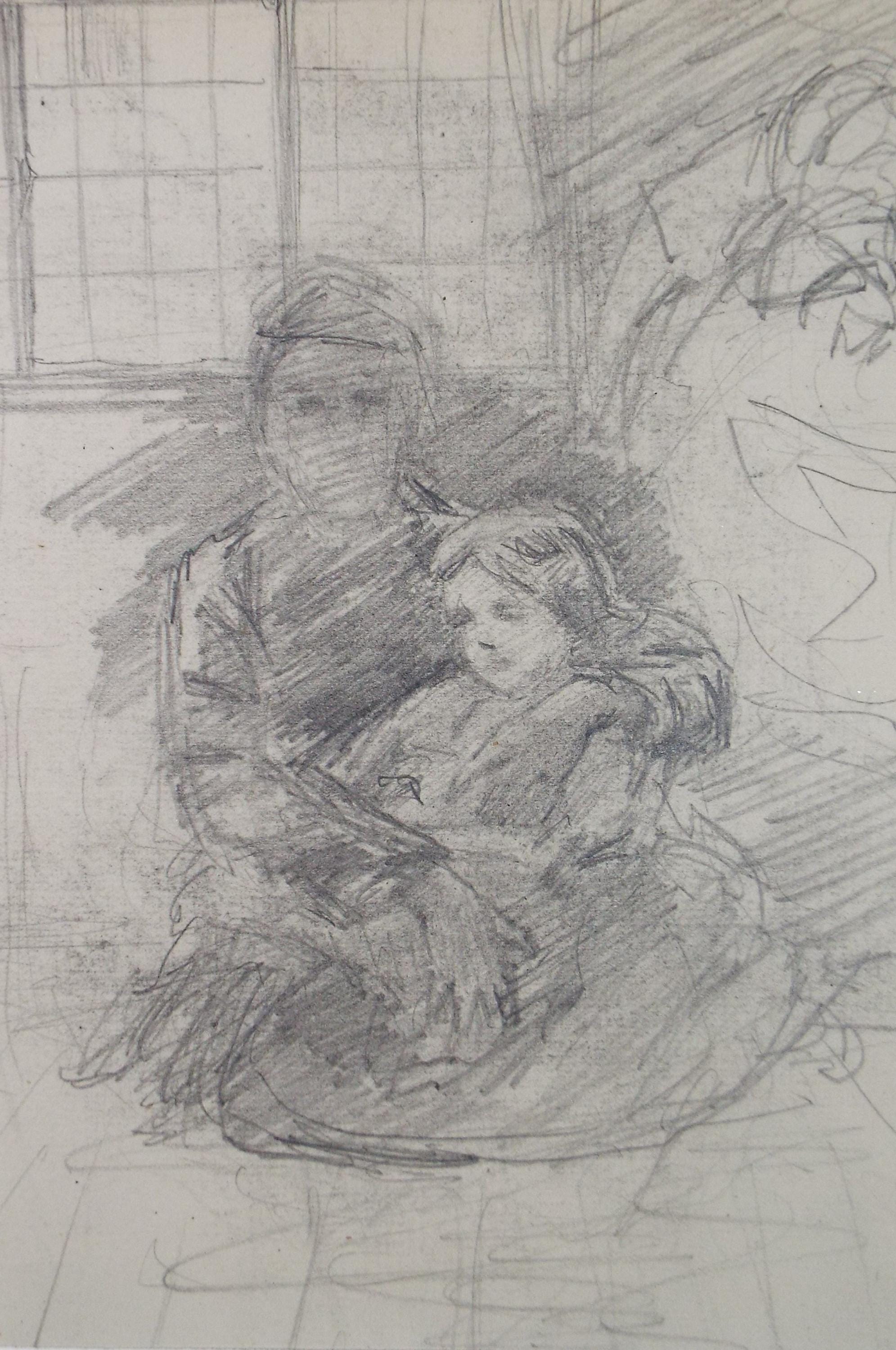 Original pencil sketch, 'Figure with Child' ,Unknown artist, Circa 1910