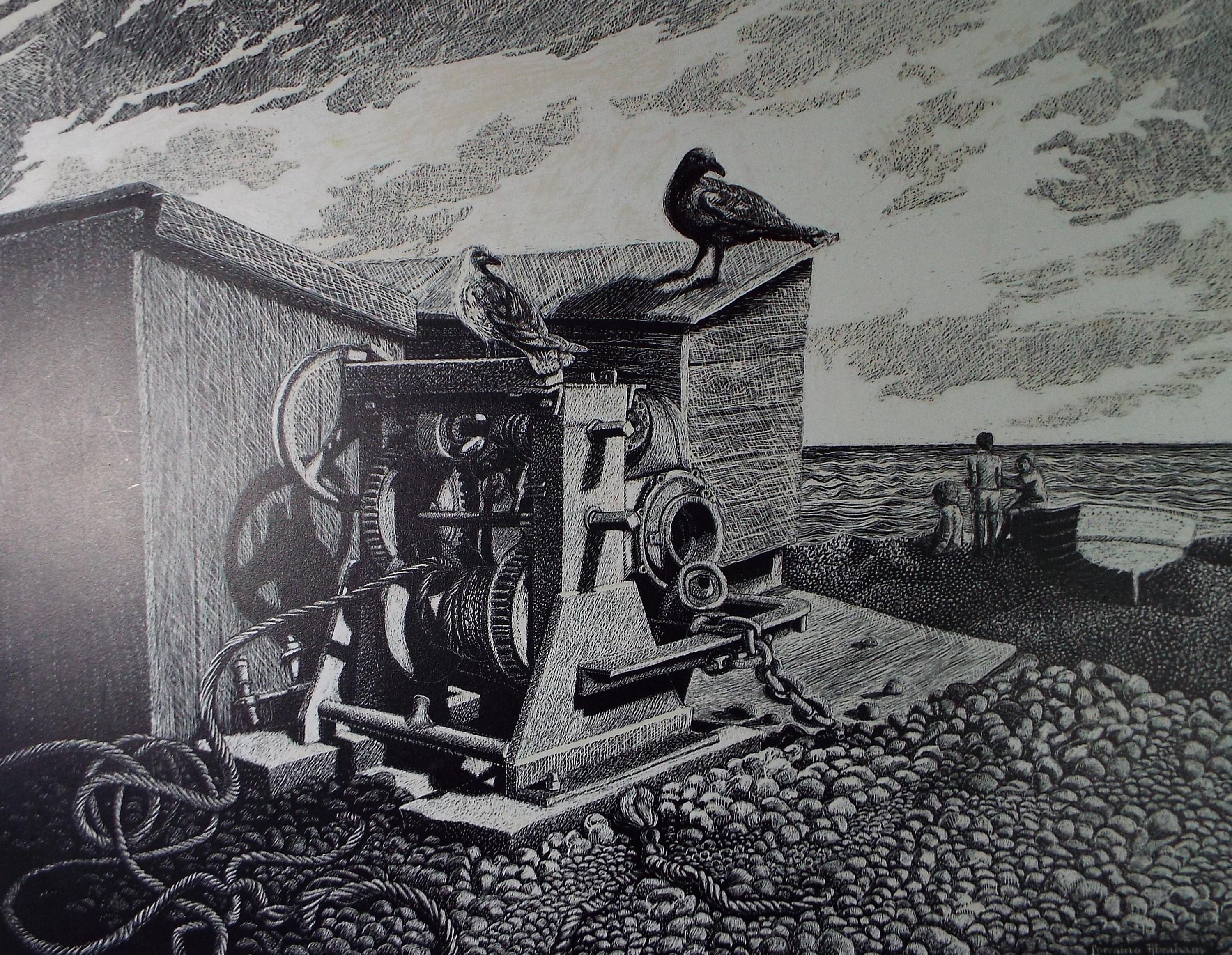 Original Scraperboard & ink drawing, 'Winding gear on the shore', Lorraine Abraham RSMA (1941-2023), Circa 2000