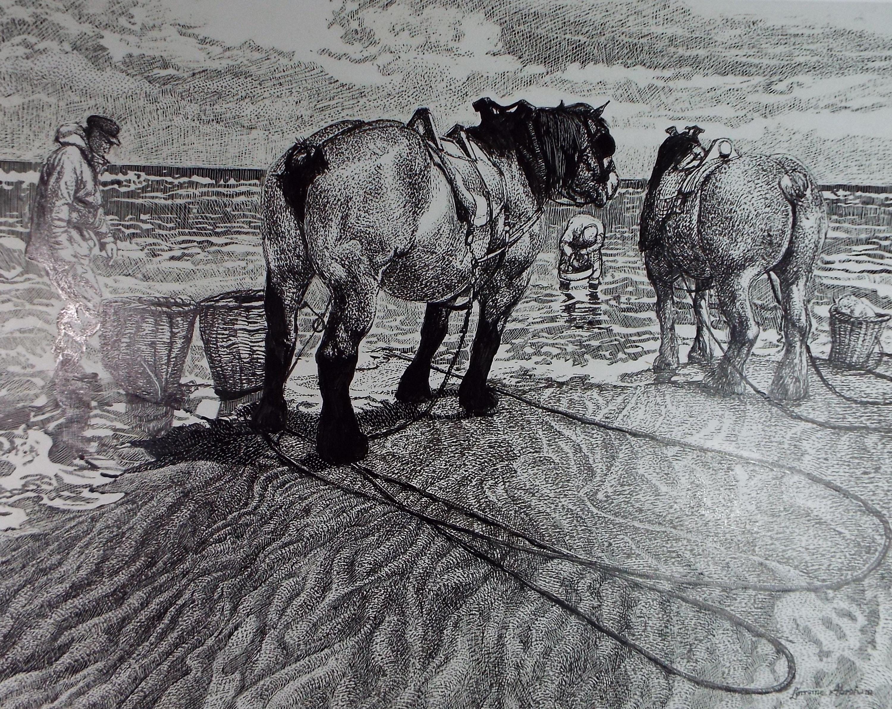 Original Scraperboard & Ink drawing, 'Cockle Pickers', Lorraine Abraham RSMA (1941-2023), Circa 2000