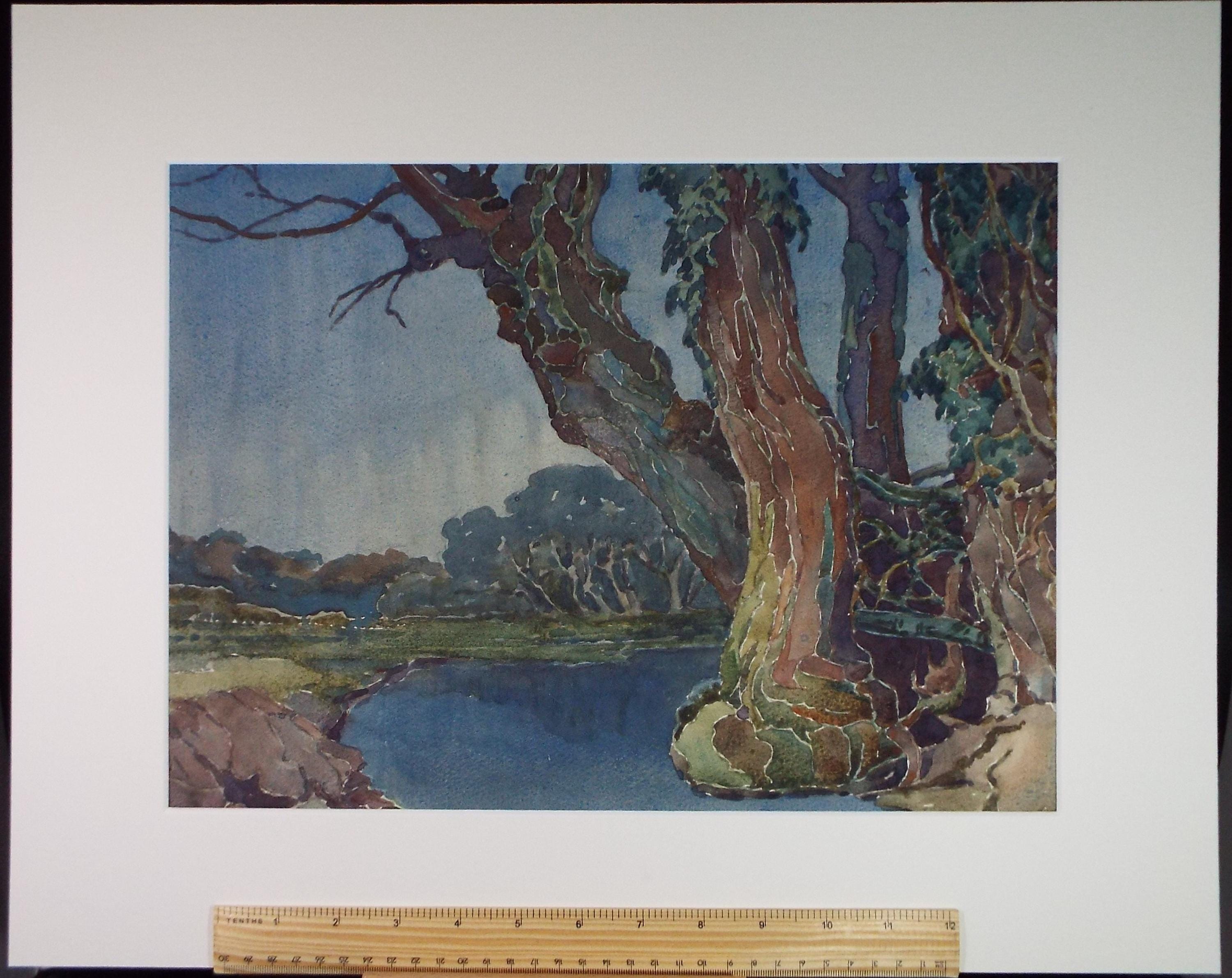 Original Watercolour, 'Trees around a pond', Henry Potter Stevens (1875-1965), Dated 1940