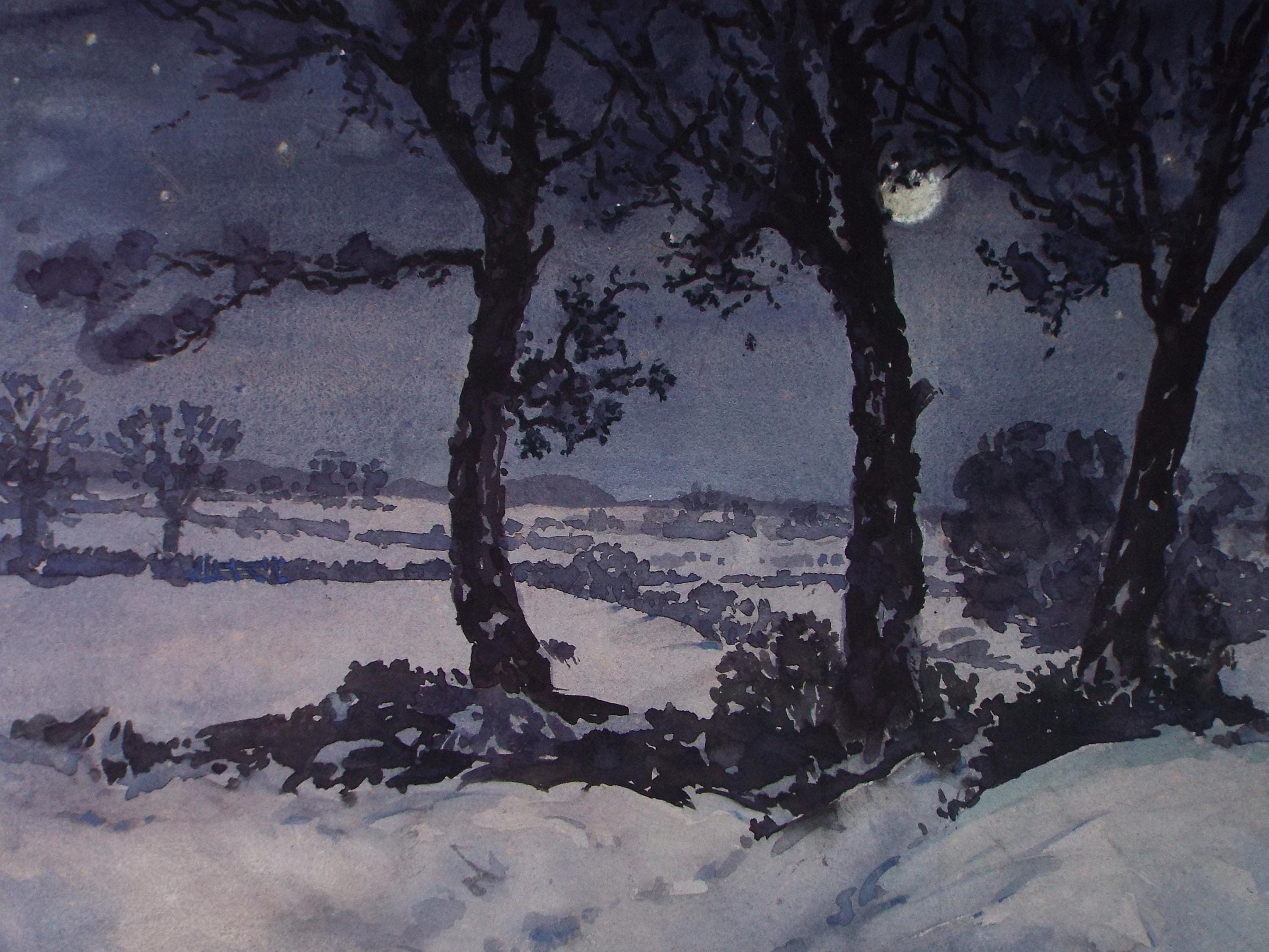 Original Watercolour, 'Moonlight in the snow', Henry Potter Stevens (1875-1965) Dated 1947