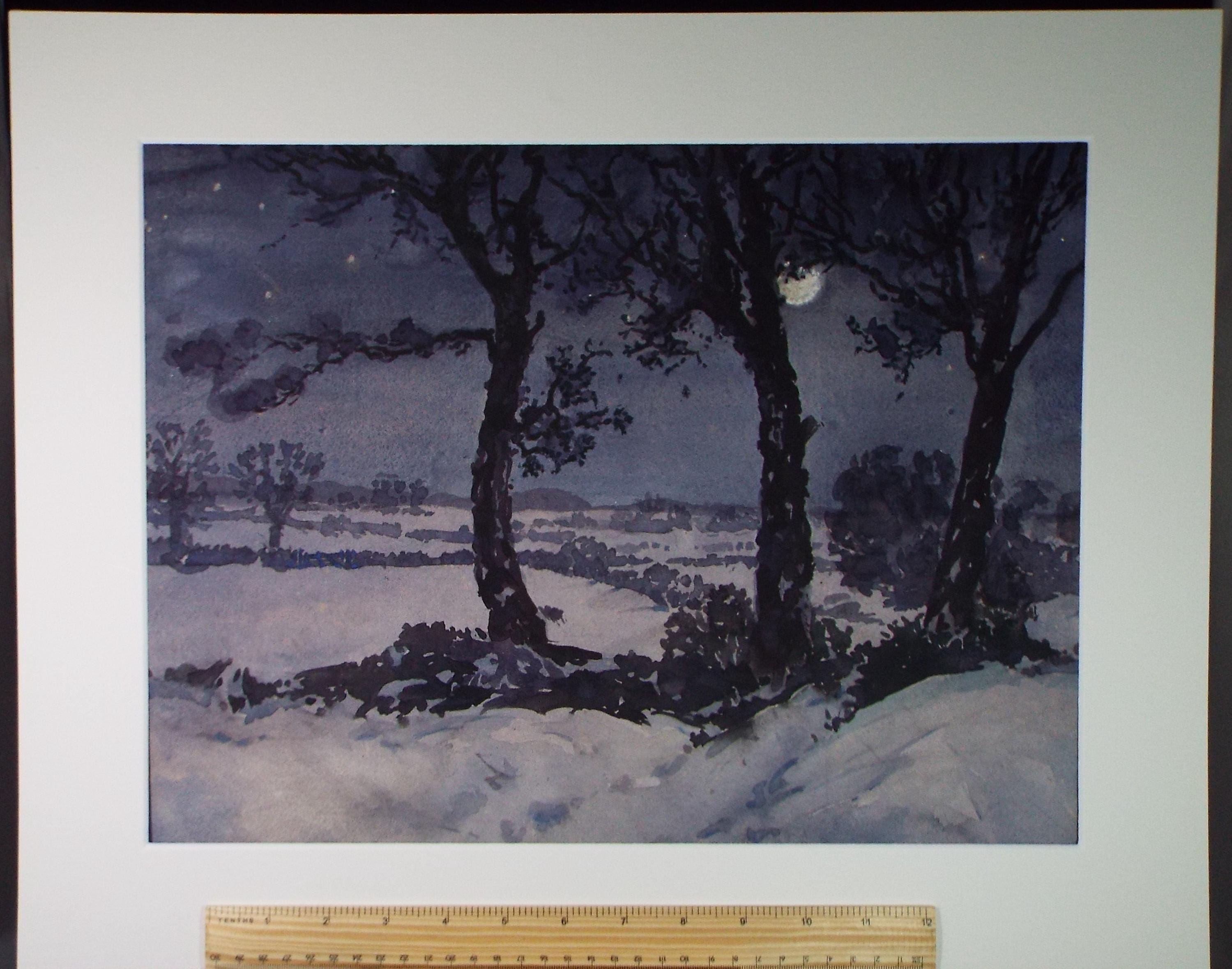 Original Watercolour, 'Moonlight in the snow', Henry Potter Stevens (1875-1965) Dated 1947