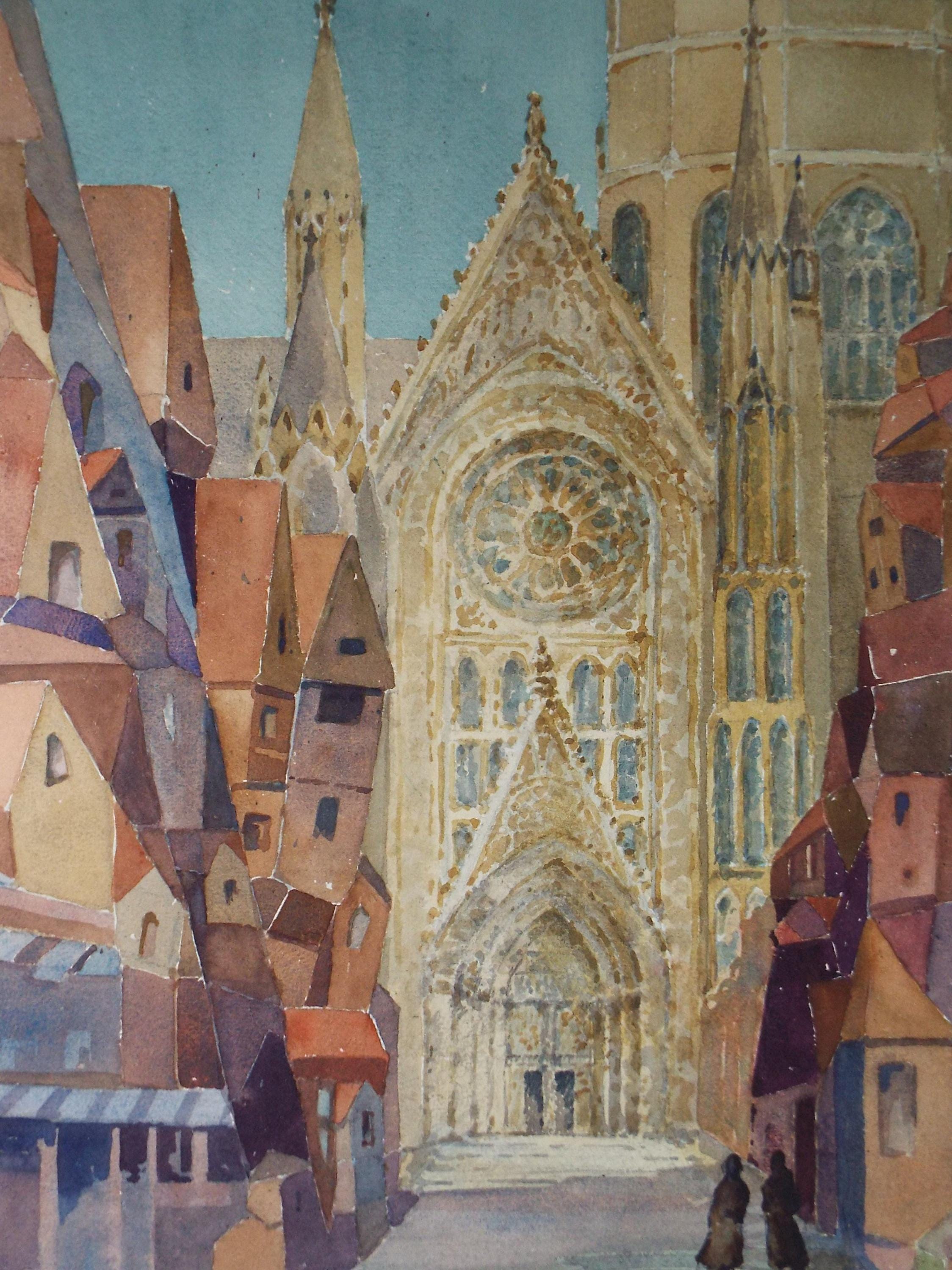 Original Watercolour, 'Cathedral Approach', Henry Potter Stevens (1875-1965) Dated 1960
