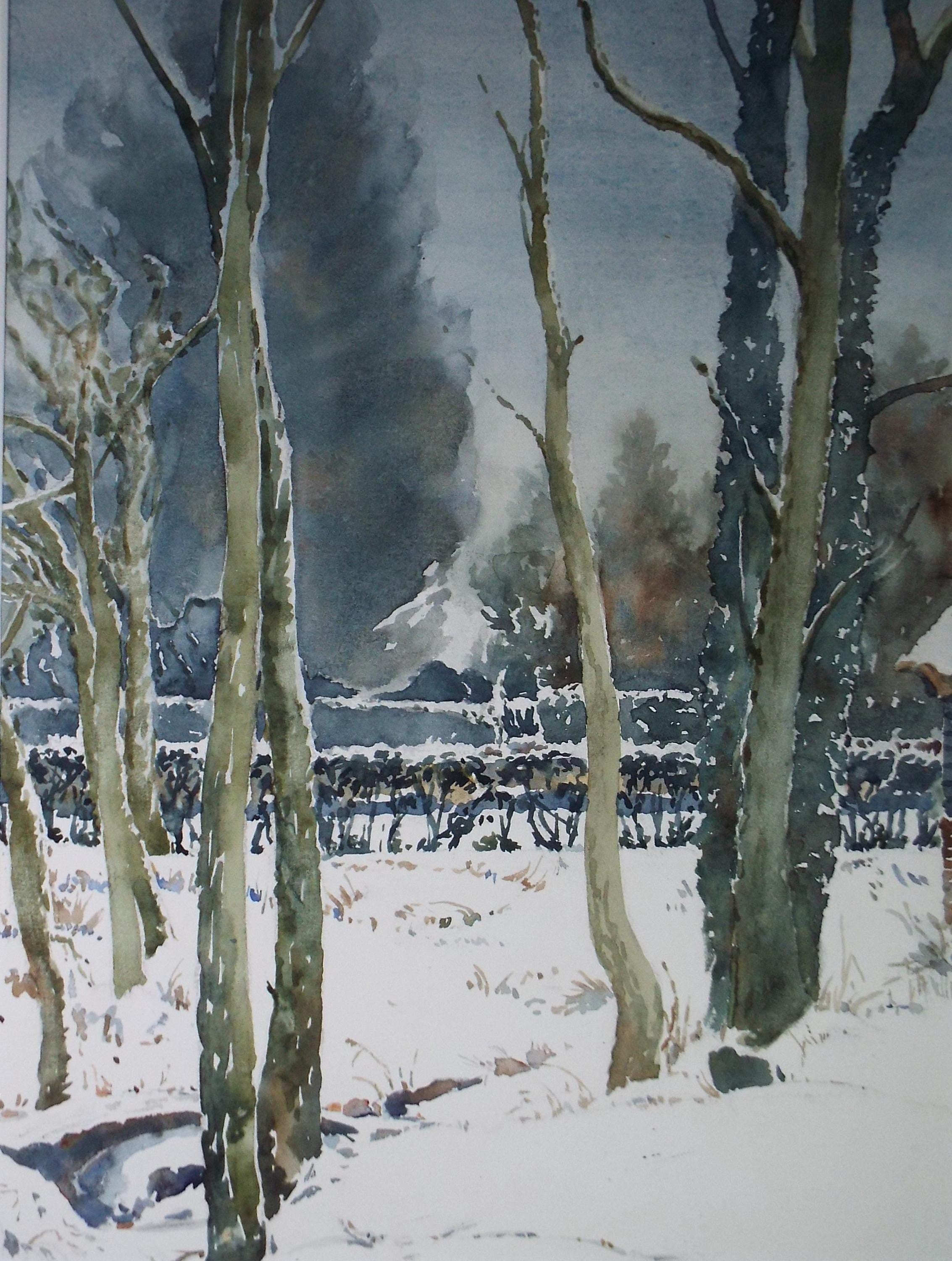 Original Watercolour, 'Trees in snow', Henry Potter Stevens (1875-1965) Dated 1956