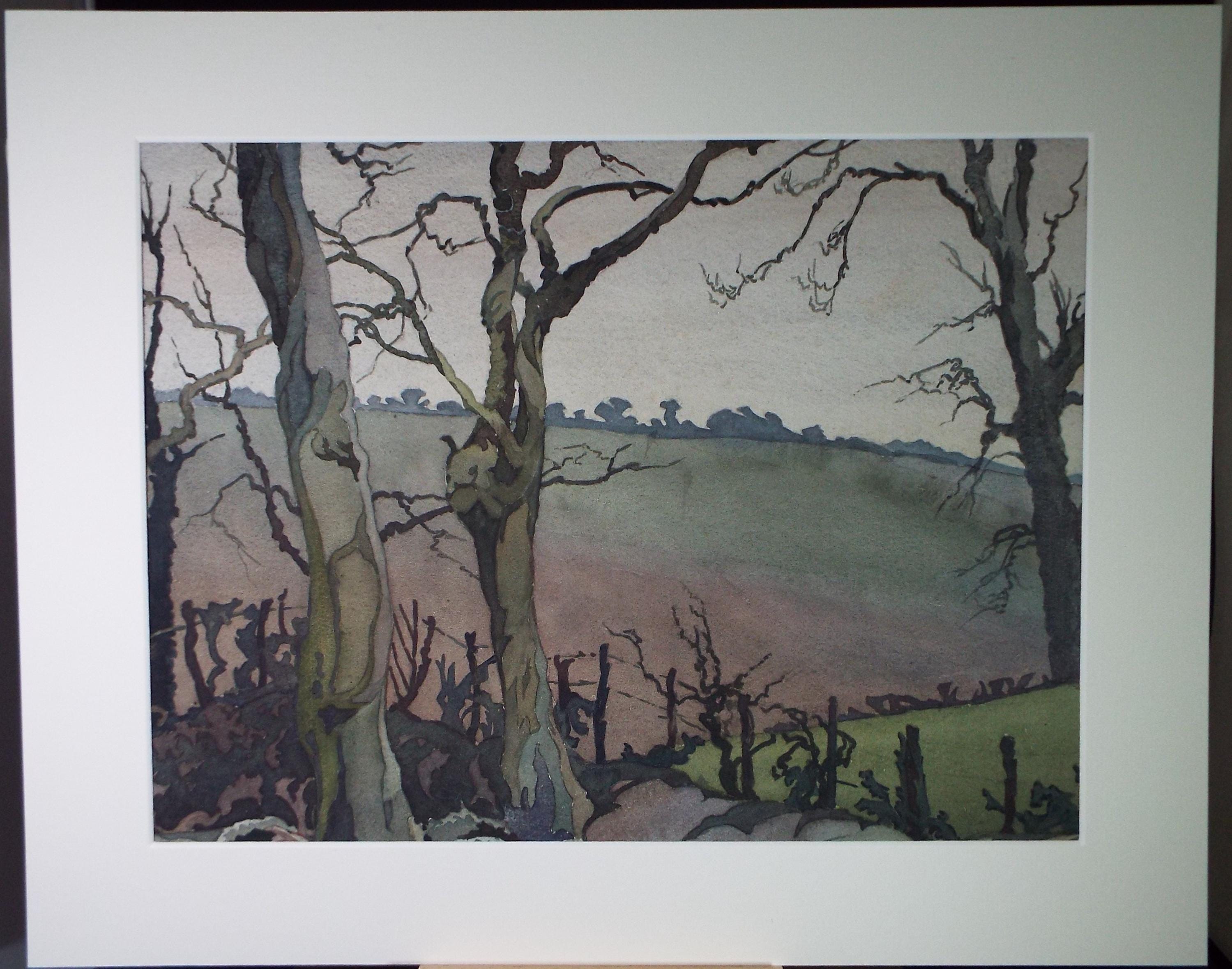 Original Watercolour, 'Trees on a field margin', Henry Potter Stevens (1875-1965) Dated 1929