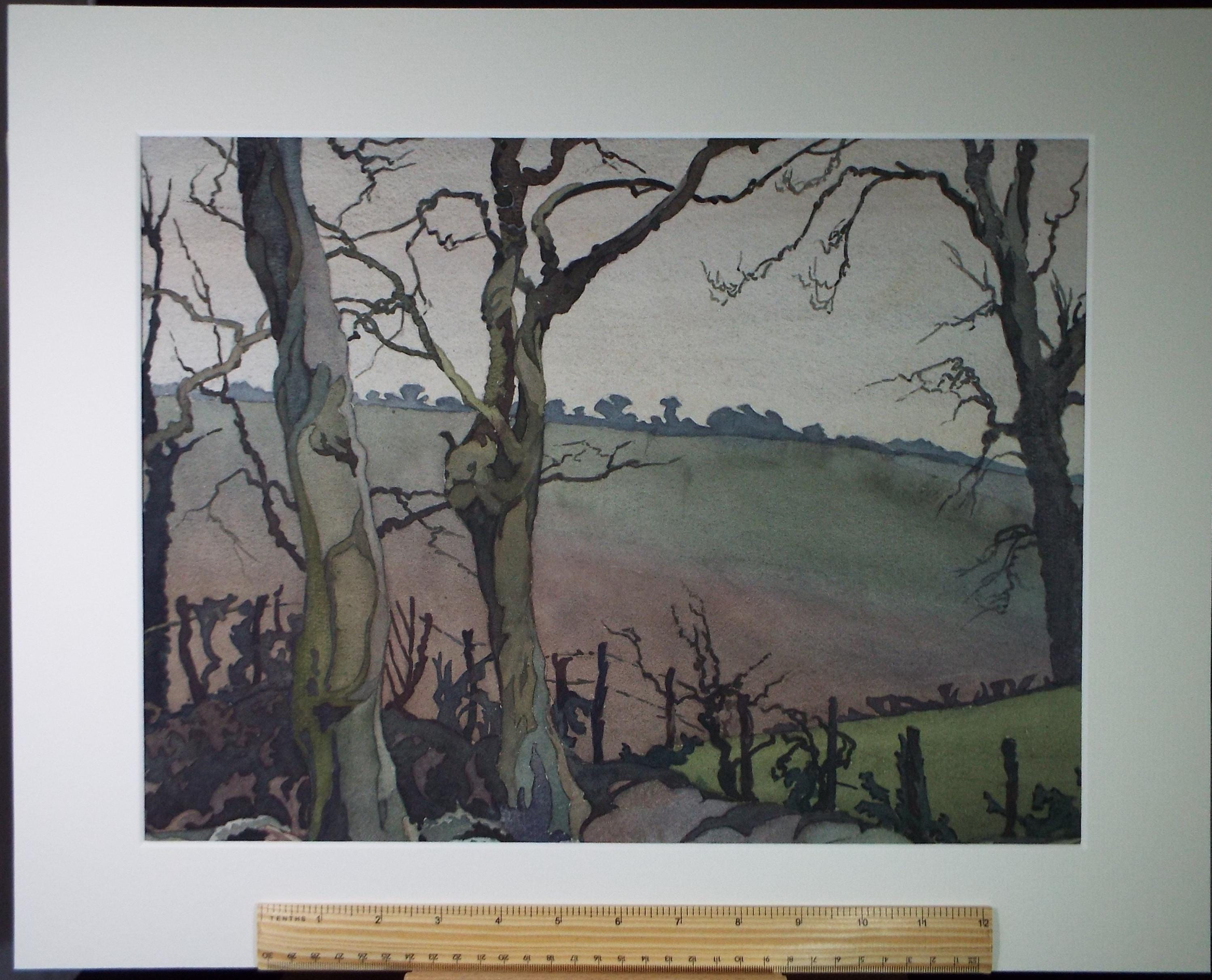 Original Watercolour, 'Trees on a field margin', Henry Potter Stevens (1875-1965) Dated 1929
