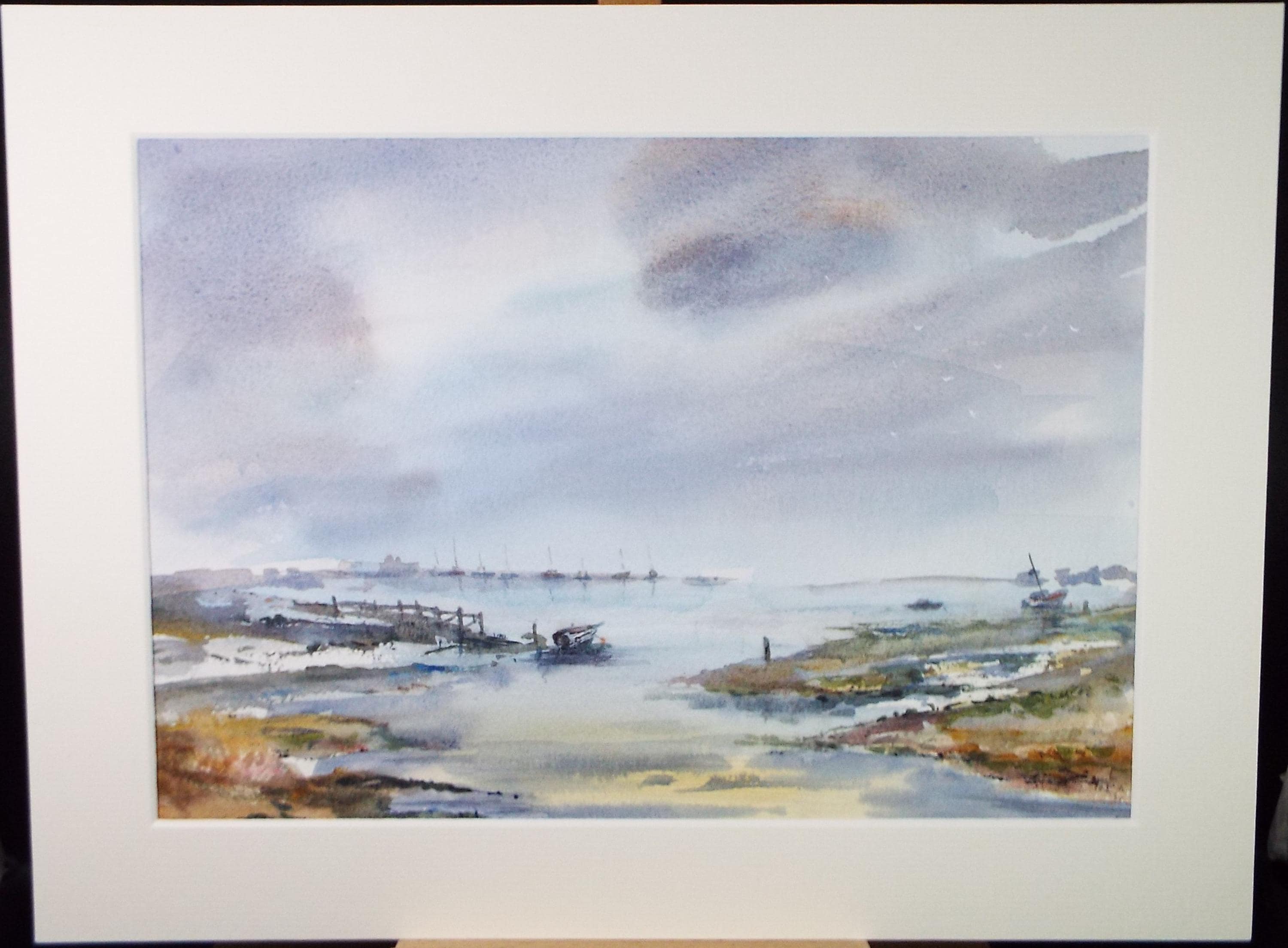 Original Watercolour, 'Coast with moored boats', Peter Grimer, Dated 2000