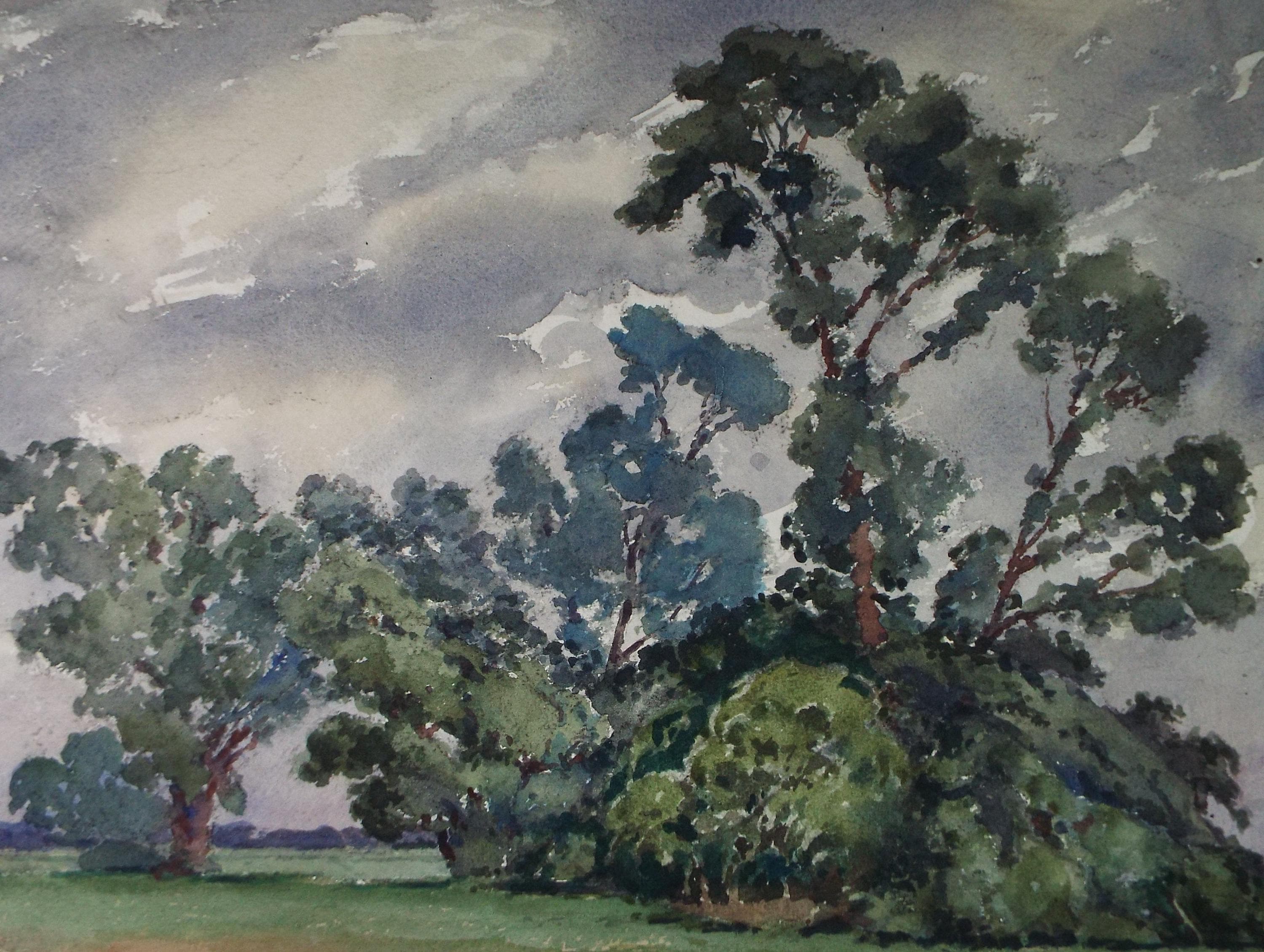 Original Watercolour, 'Trees on a Field Margin', Henry Potter Stevens (1875-1965) Dated 1956