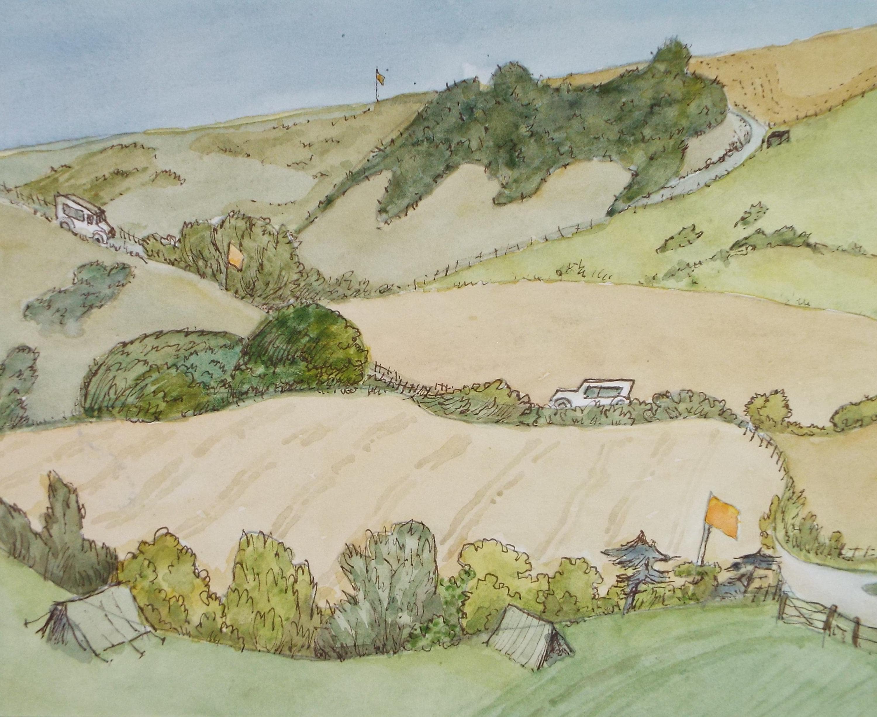 Original Watercolour, 'Green Landscape with Flags', Unknown artist, circa 1980's