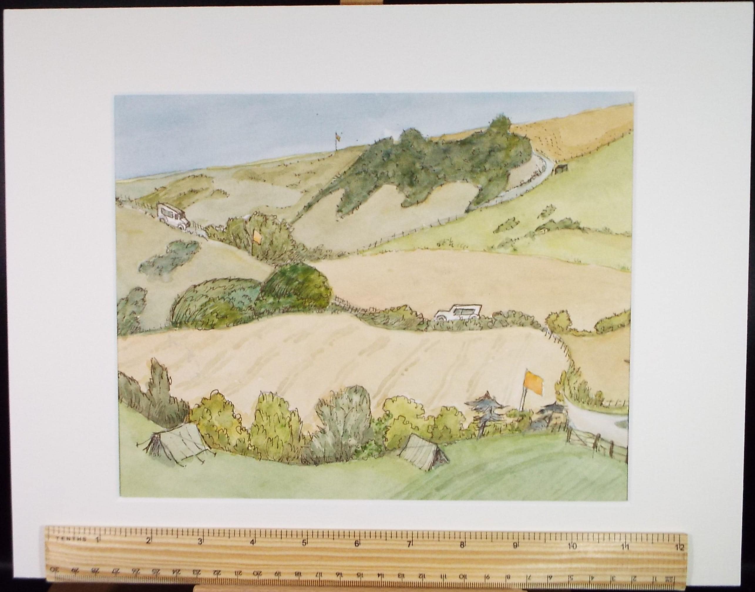 Original Watercolour, 'Green Landscape with Flags', Unknown artist, circa 1980's