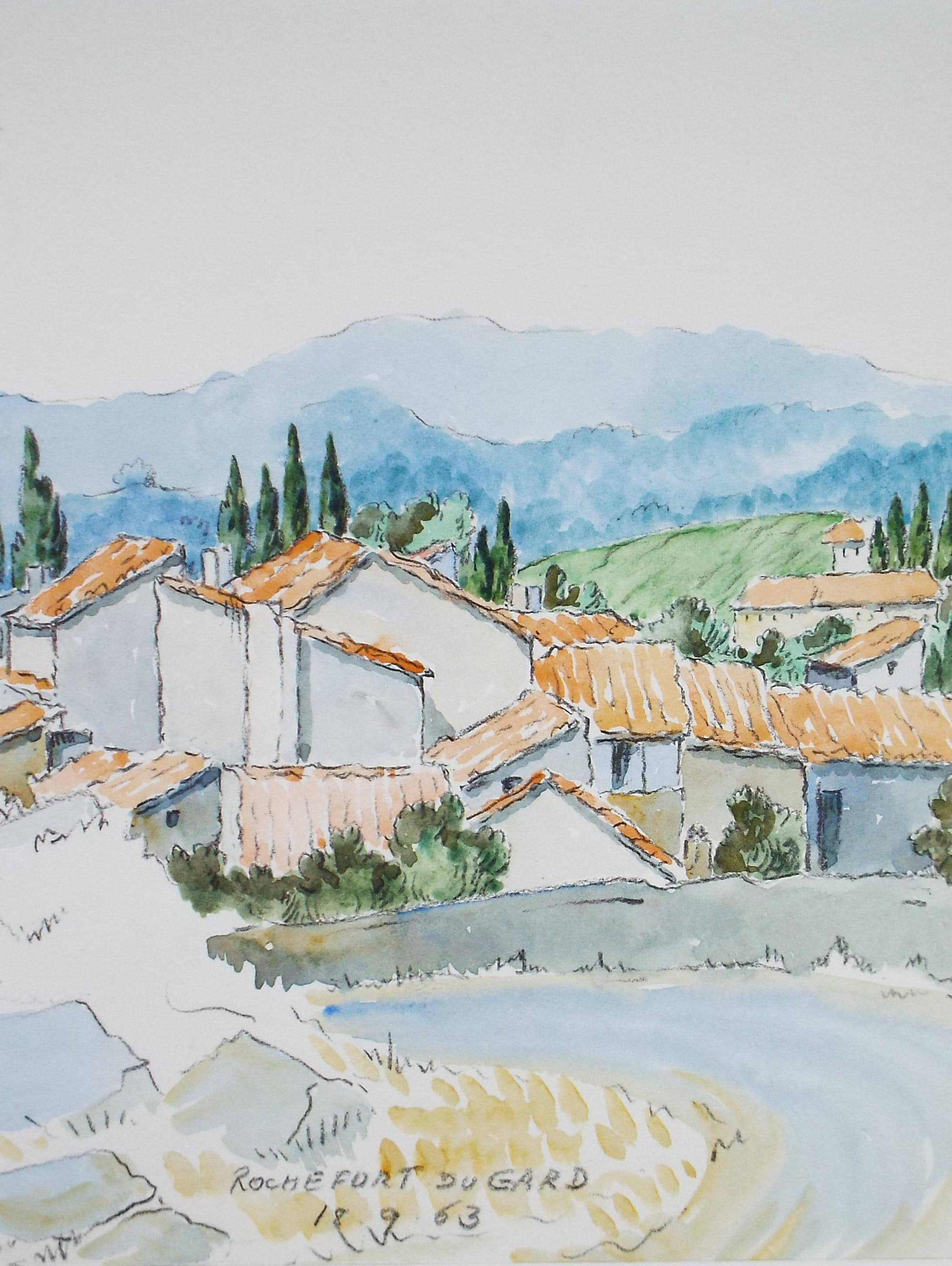 Original Watercolour & Pencil, 'Rochefort du Gard', Cicely Glyn de Beers (1891-1973), Dated 1963