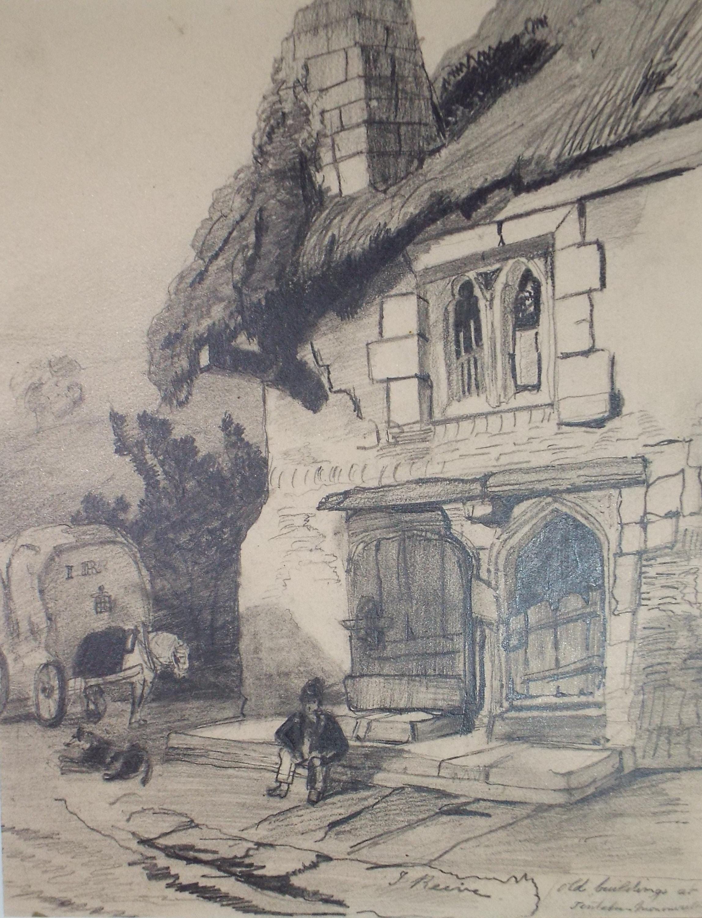 Original Pencil Drawing, 'Figures before a Cottage', Late 19th Century, Unknown artist.