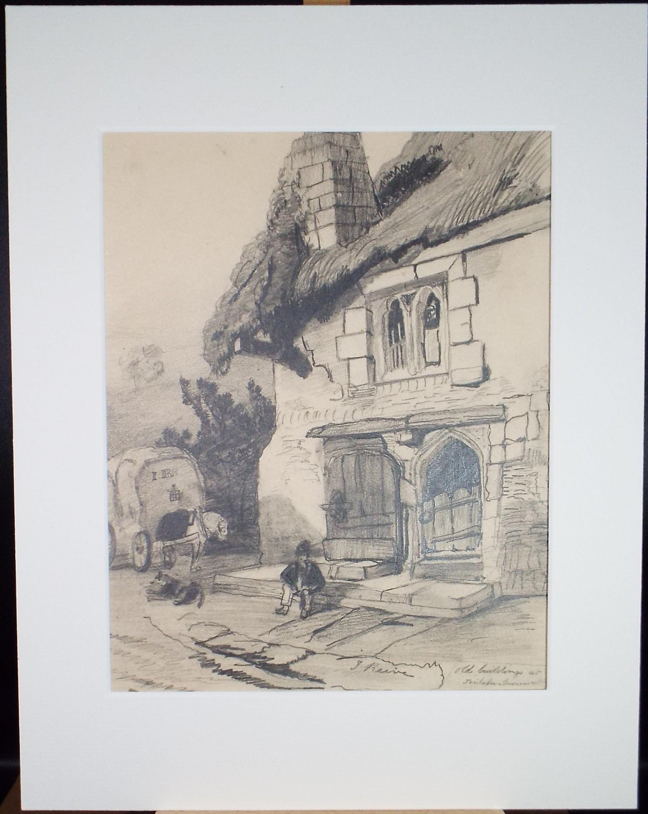 Original Pencil Drawing, 'Figures before a Cottage', Late 19th Century, Unknown artist.