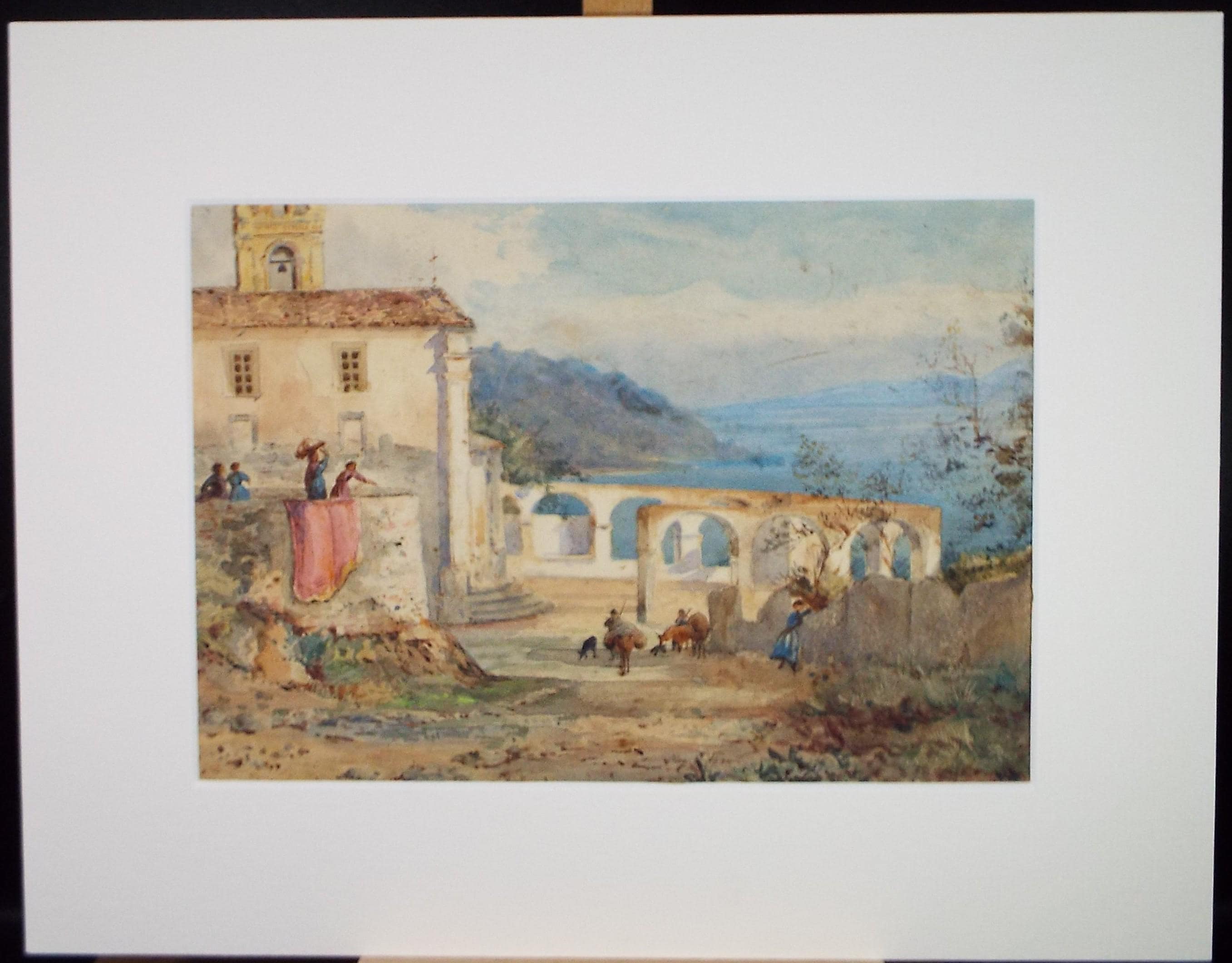 Original Watercolour, 'Coastal villa with figures', Late 19th Century, Unknown Artist