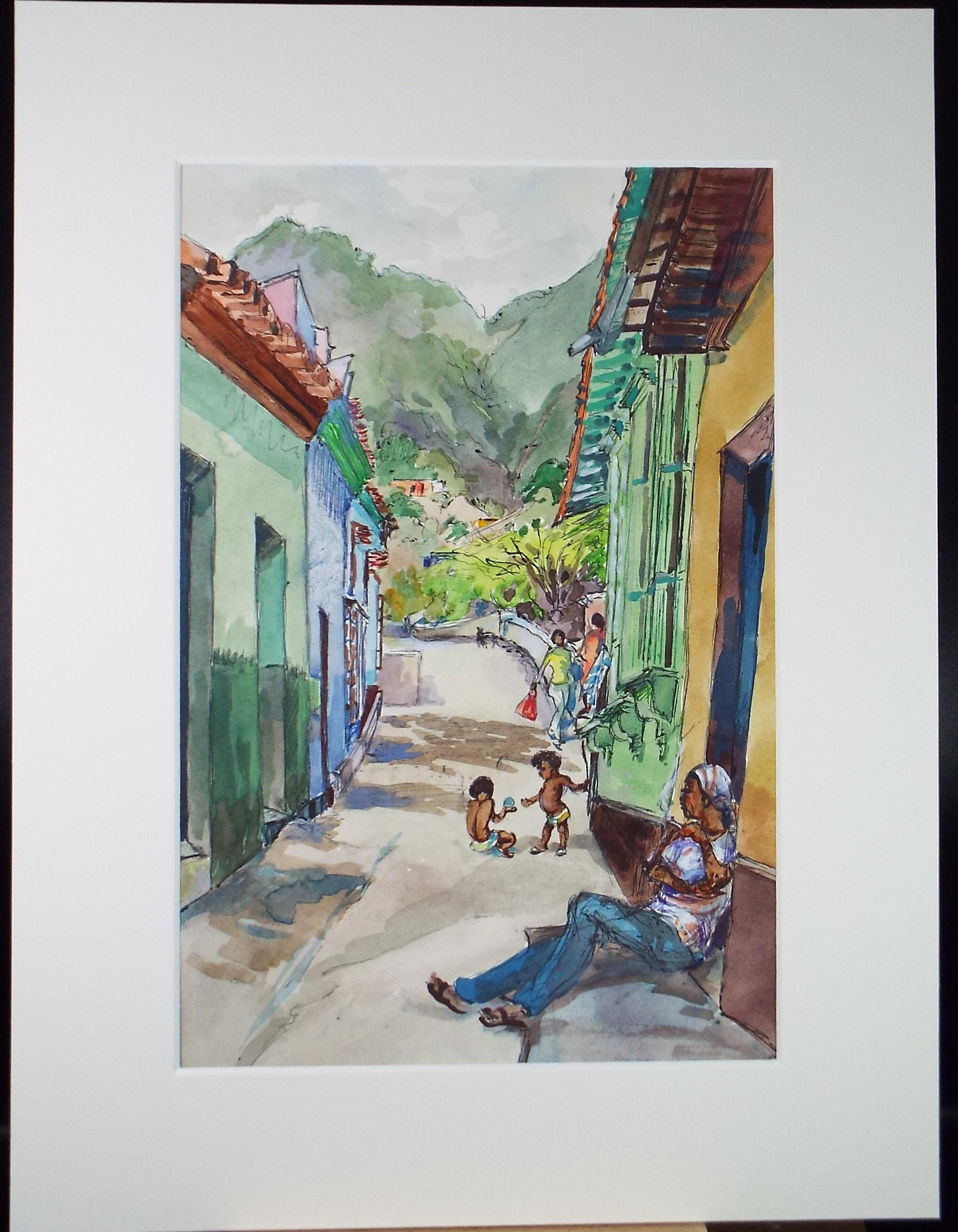 Original Watercolour, 'South American Street scene with figures', Circa 1950's, Ivy T. Attwell (1895-1985)