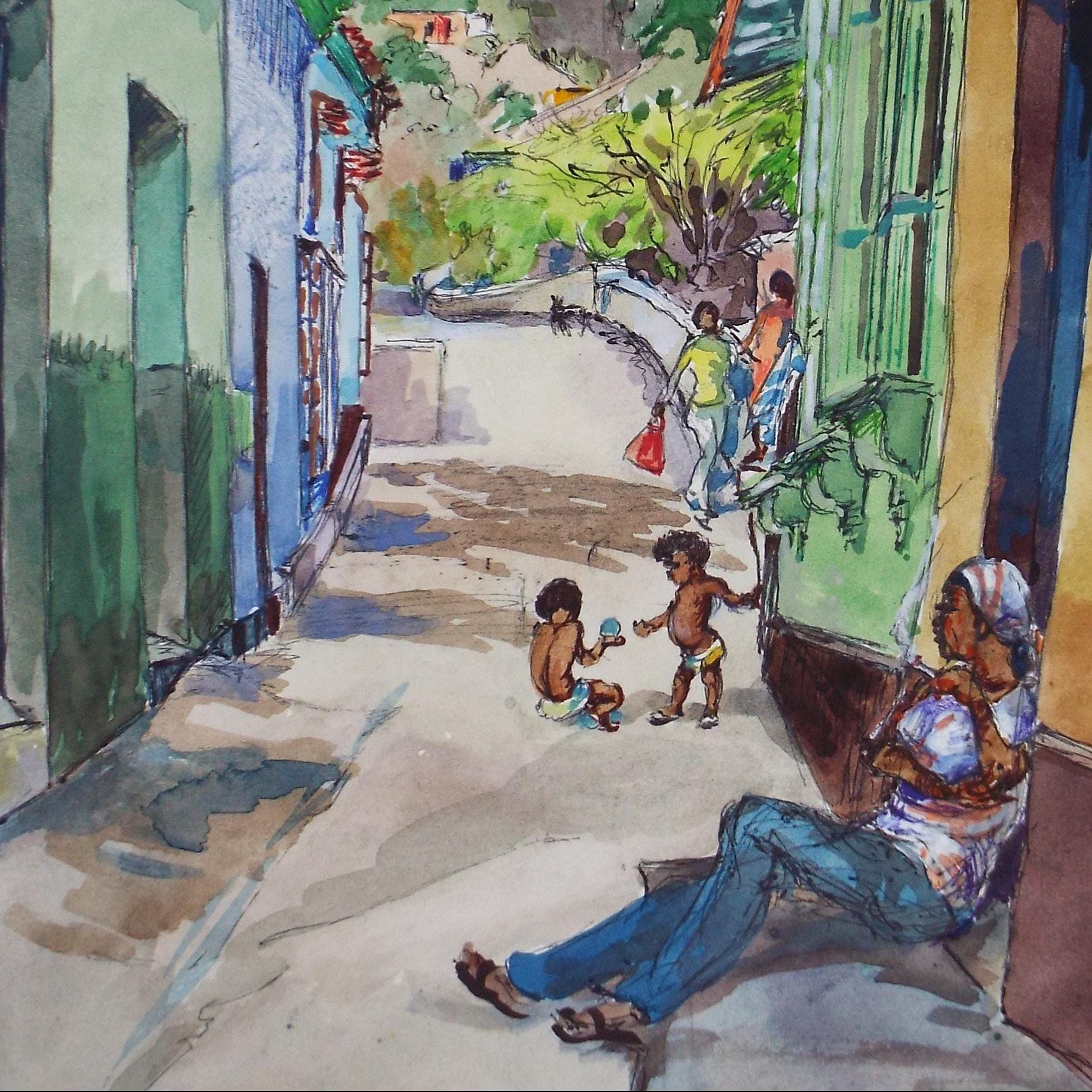 Original Watercolour, 'South American Street scene with figures', Circa 1950's, Ivy T. Attwell (1895-1985)