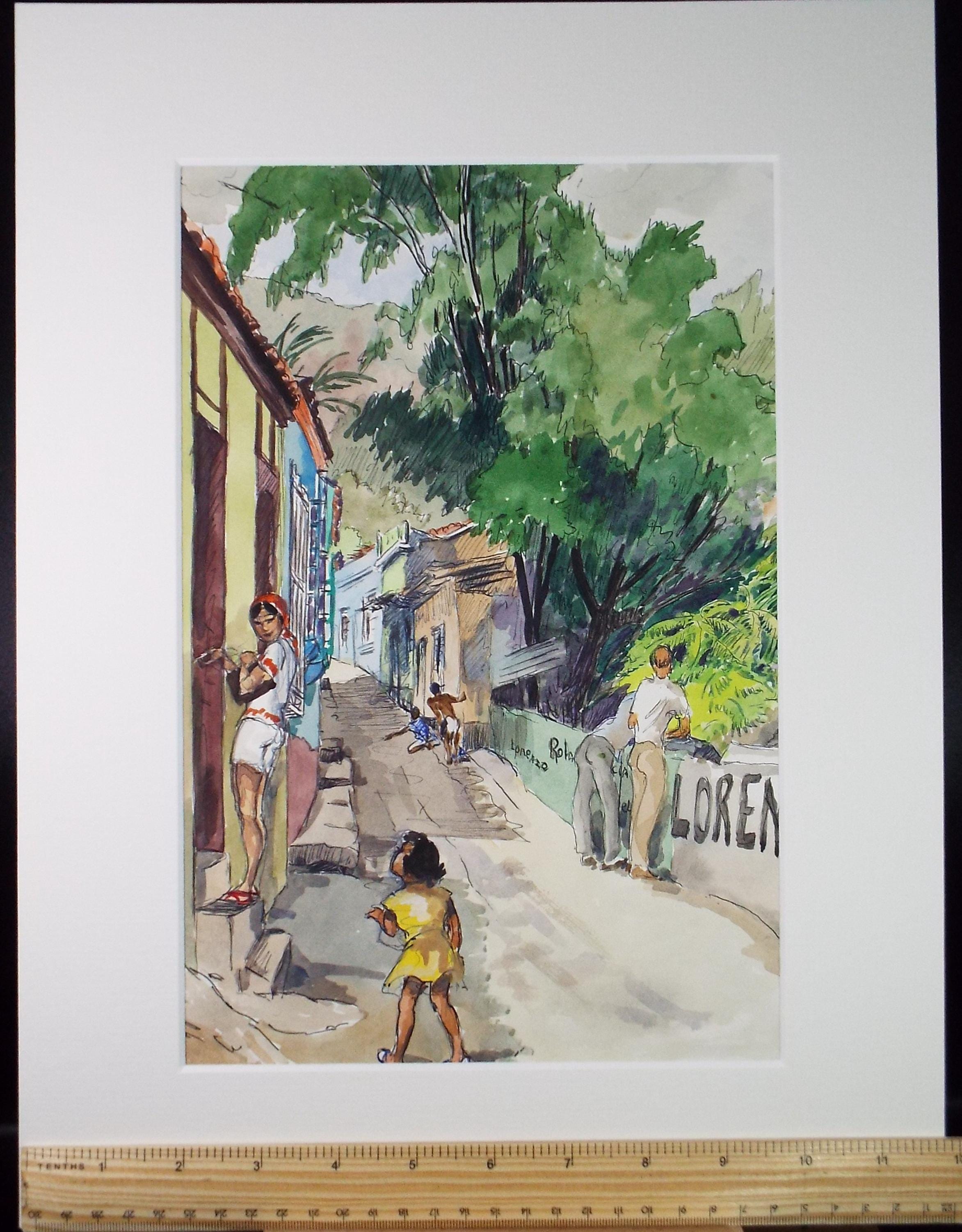 Original Watercolour, 'South American Street scene with figures', Circa 1950's, Ivy T. Attwell (1895-1985)