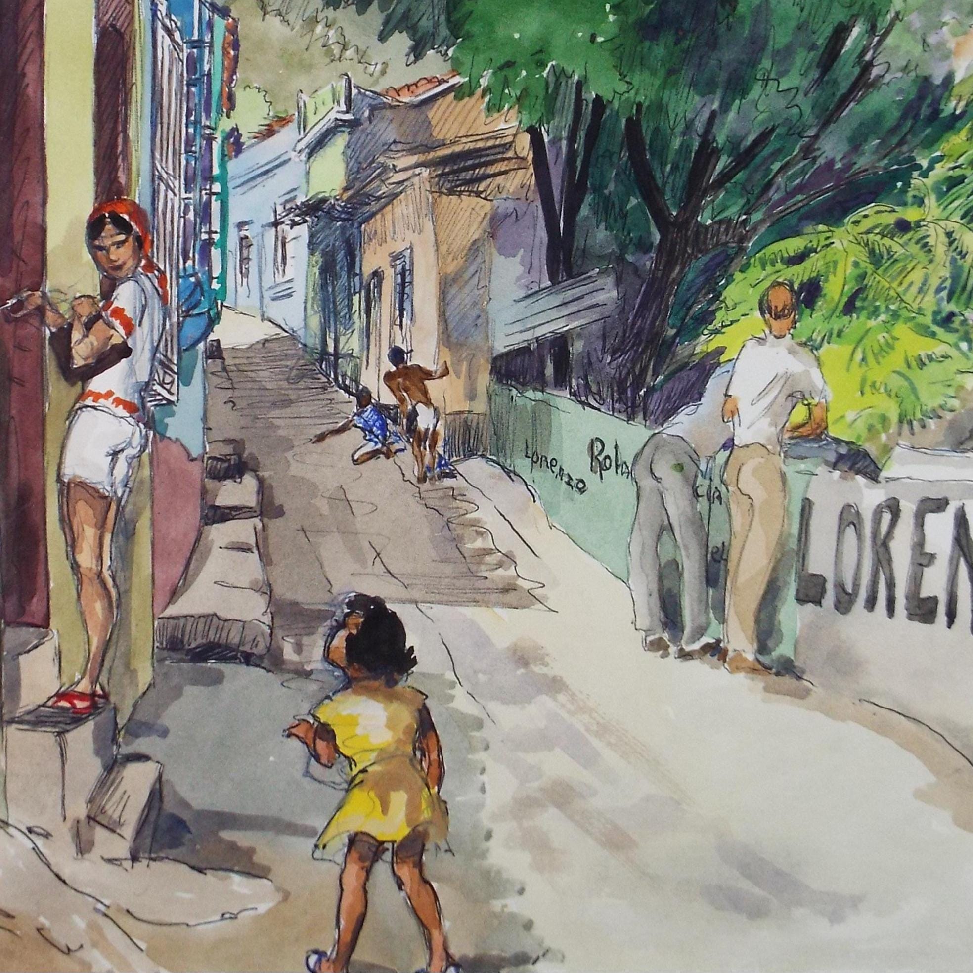 Original Watercolour, 'South American Street scene with figures', Circa 1950's, Ivy T. Attwell (1895-1985)
