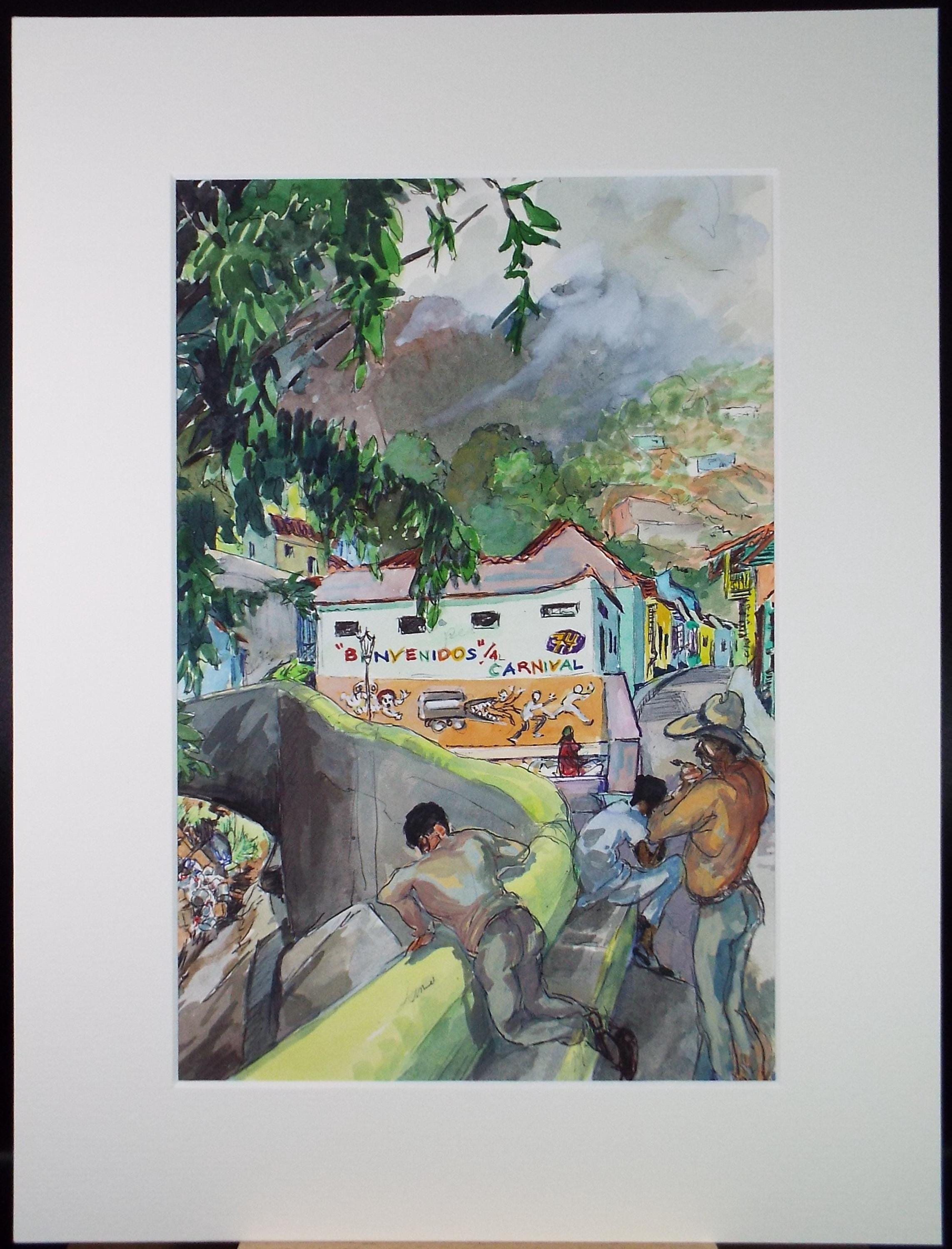 Original Watercolour, 'South American Street scene with figures', Circa 1950's, Ivy T. Attwell (1895-1985)
