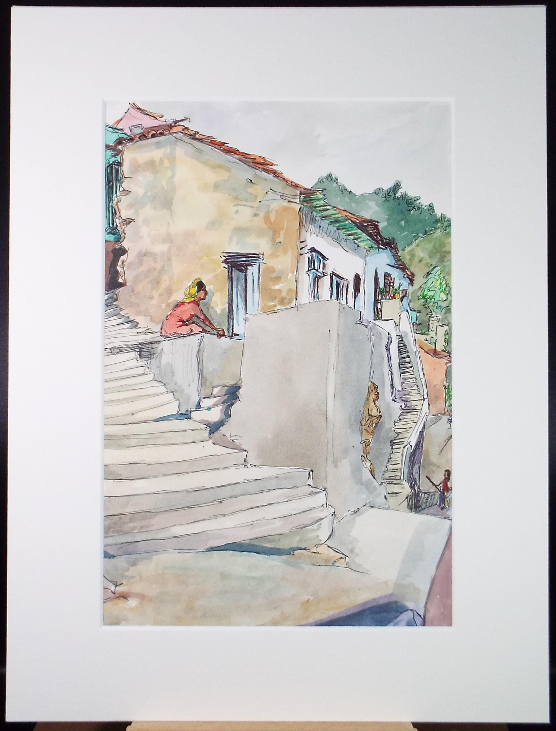 Original Watercolour, 'South American Street scene with figures', Circa 1950's, Ivy T. Attwell (1895-1985)